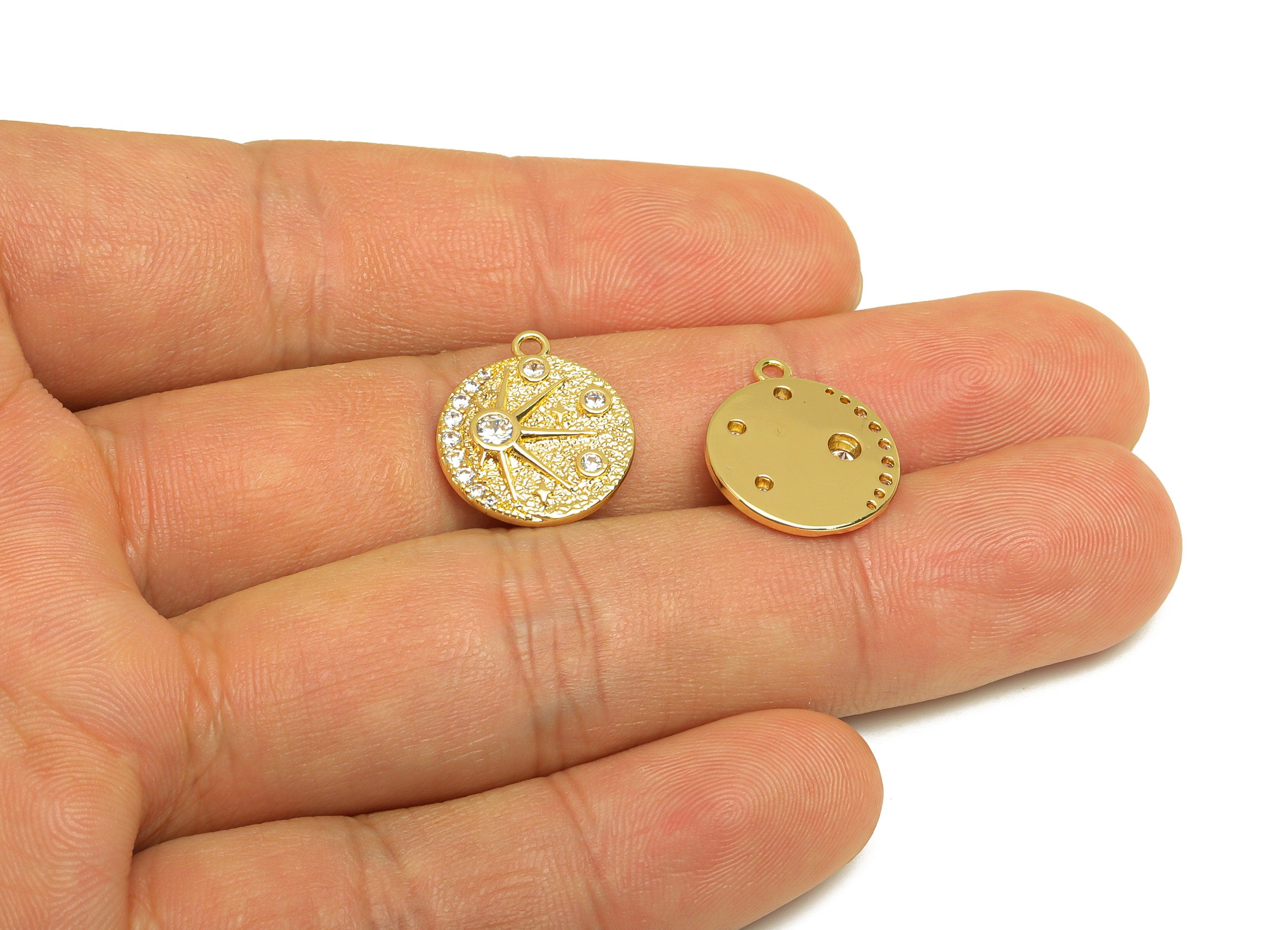 Brass Sunshine Earring Charm - Brass Star Zircon Earring Charm - Brass Textured Space Charm - 18K Real Gold Plating - 17x14x2.4mm - RGP6865 - DOMEDBAZAAR