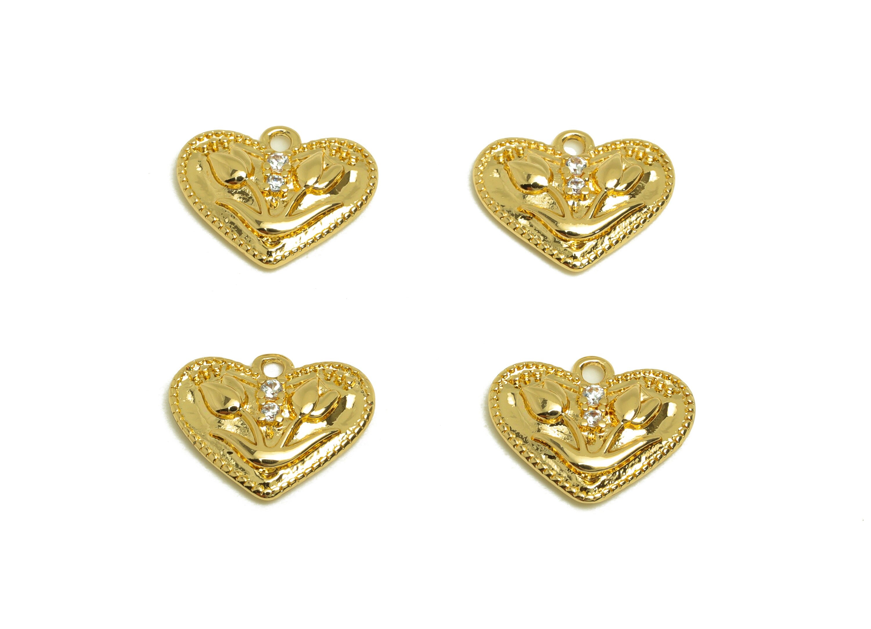 Brass Heart Earring Charm - Brass Tulip Zircon Earring Charm - Brass Flower Earring Charm - 18K Real Gold Plating - 11x13.43x2.6mm - RGP6857 - DOMEDBAZAAR