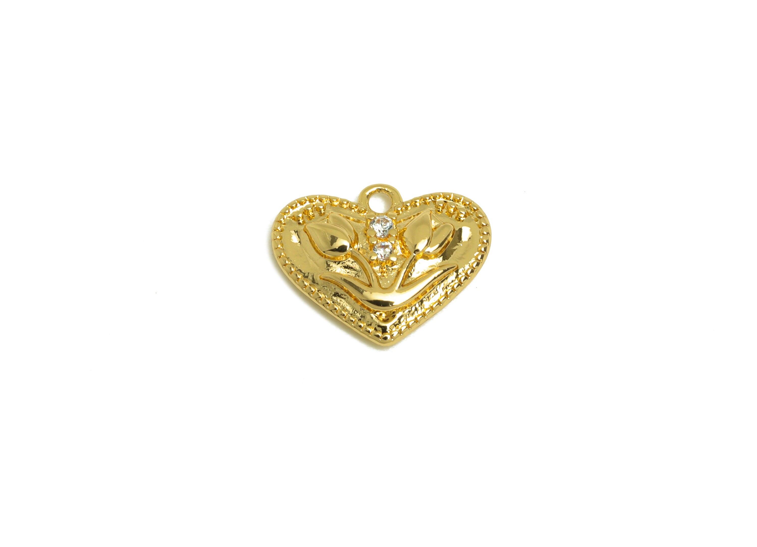 Brass Heart Earring Charm - Brass Tulip Zircon Earring Charm - Brass Flower Earring Charm - 18K Real Gold Plating - 11x13.43x2.6mm - RGP6857 - DOMEDBAZAAR