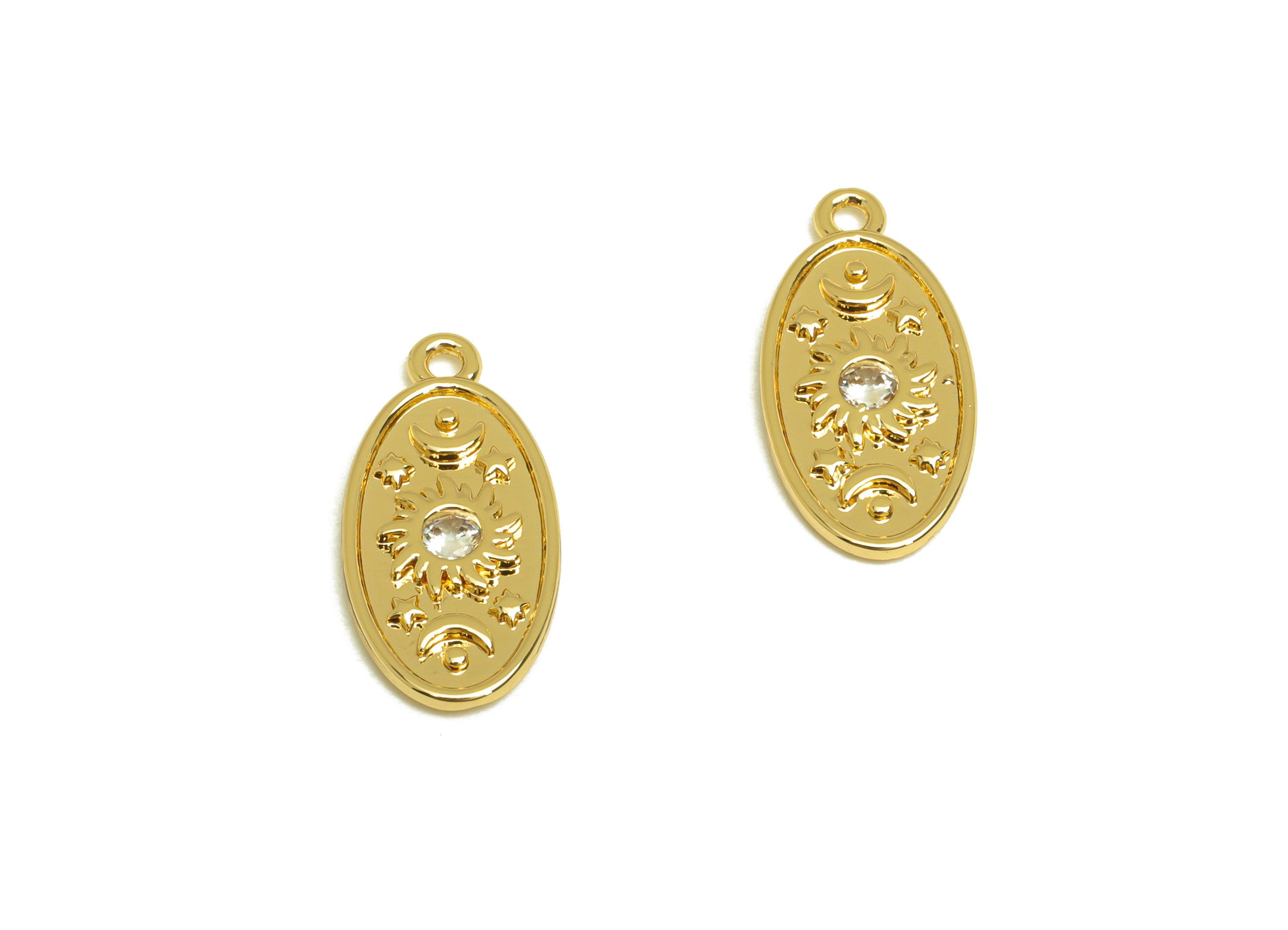 Brass Sunshine Earring Charm - Brass Star Zircon Earring Charm - Brass Textured Space Charm - 18K Real Gold Plating - 17.78x8x1mm - RGP6845 - DOMEDBAZAAR