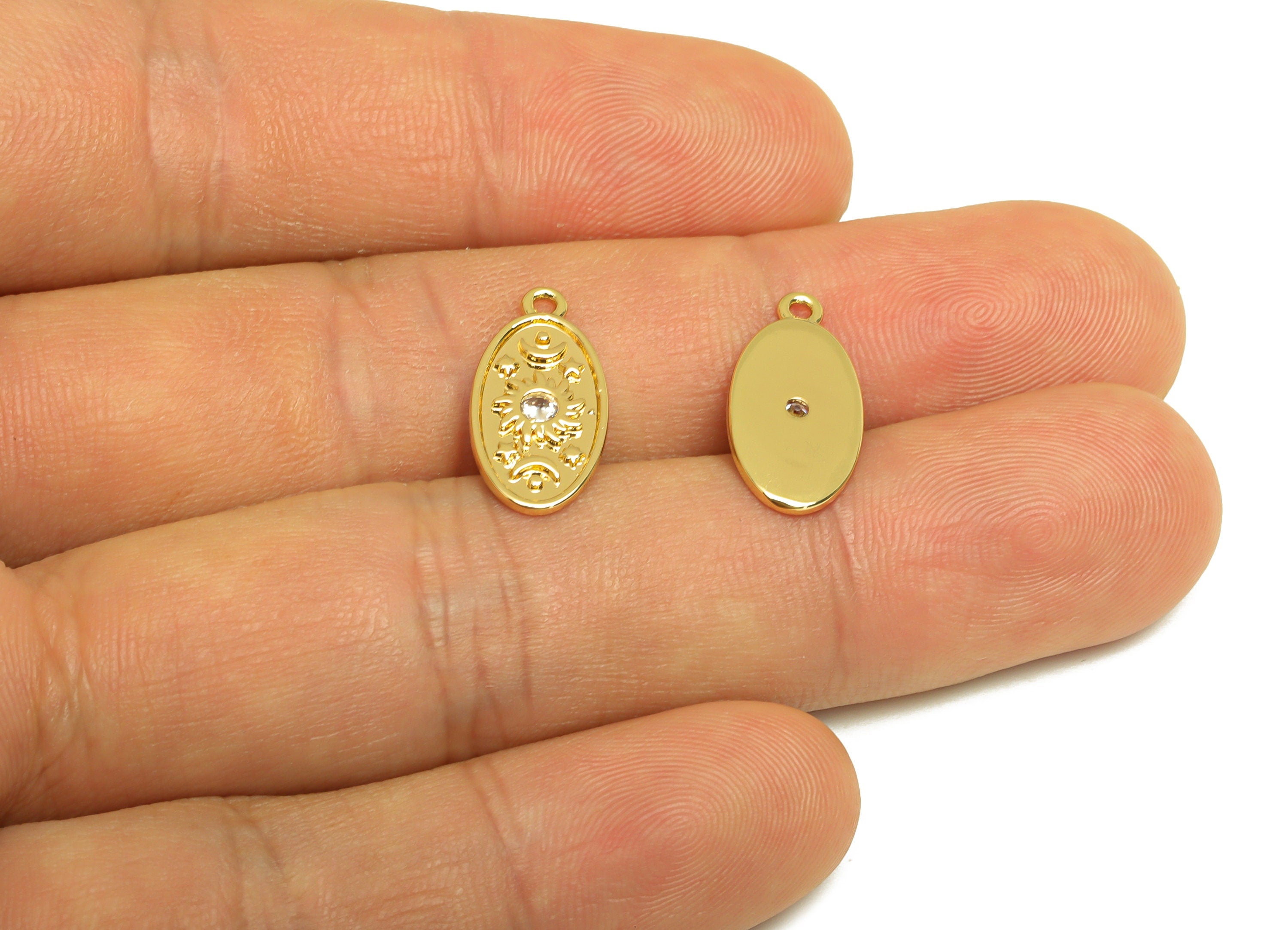 Brass Sunshine Earring Charm - Brass Star Zircon Earring Charm - Brass Textured Space Charm - 18K Real Gold Plating - 17.78x8x1mm - RGP6845 - DOMEDBAZAAR