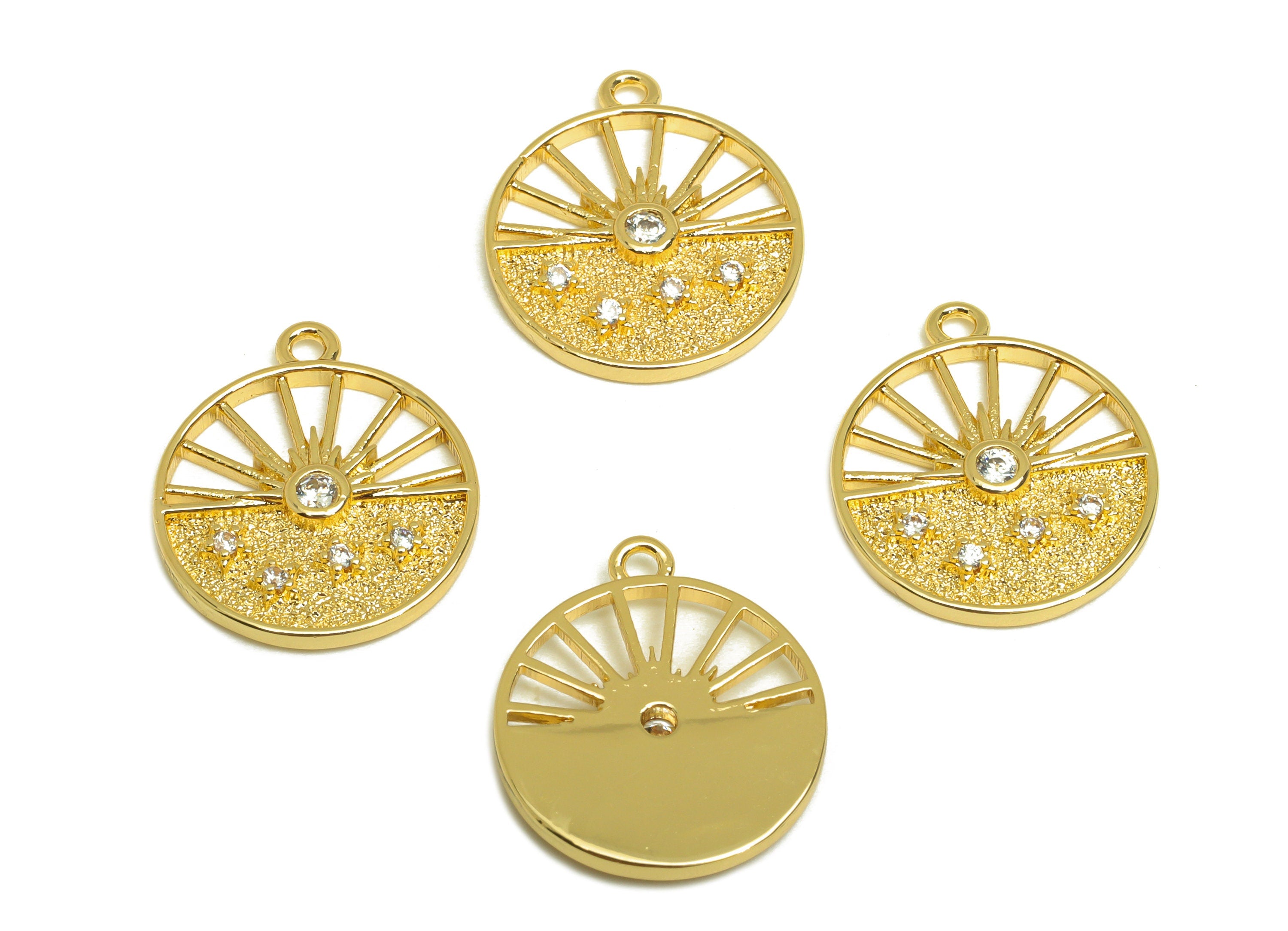 Brass Sunshine Earring Charm - Brass Cubic Zircon Earring Charm - Brass Star Textured Charm - 18K Real Gold Plating - 17x14x2mm - RGP6867 - DOMEDBAZAAR
