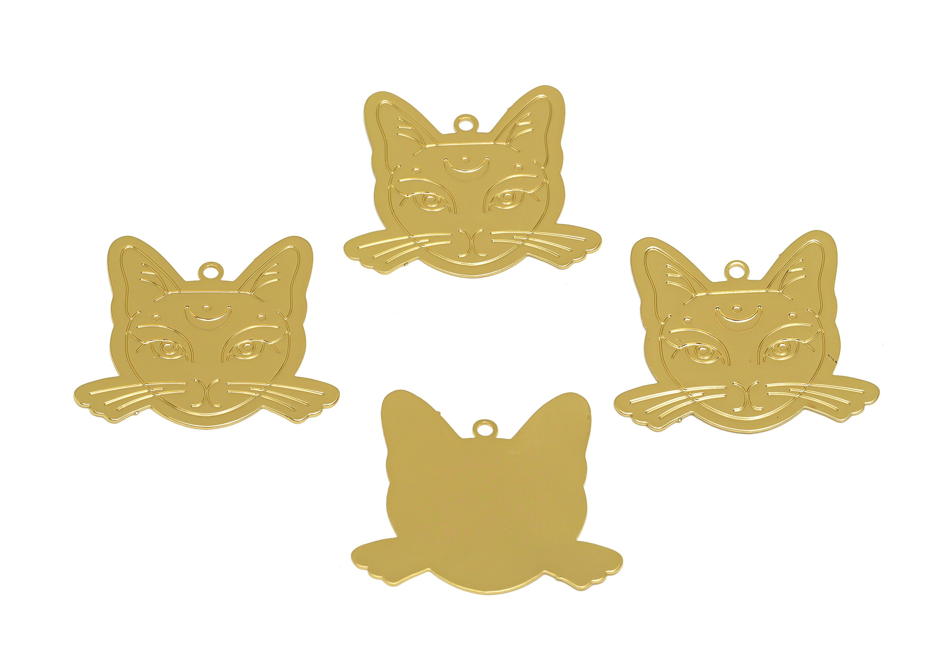 Brass Cat Earring Charm - Brass Crescent Cat Earring Charm - Brass Animal Pendant - 18K Real Gold Plating - 22.52x25.08x0.36mm - RGP7170 - DOMEDBAZAAR