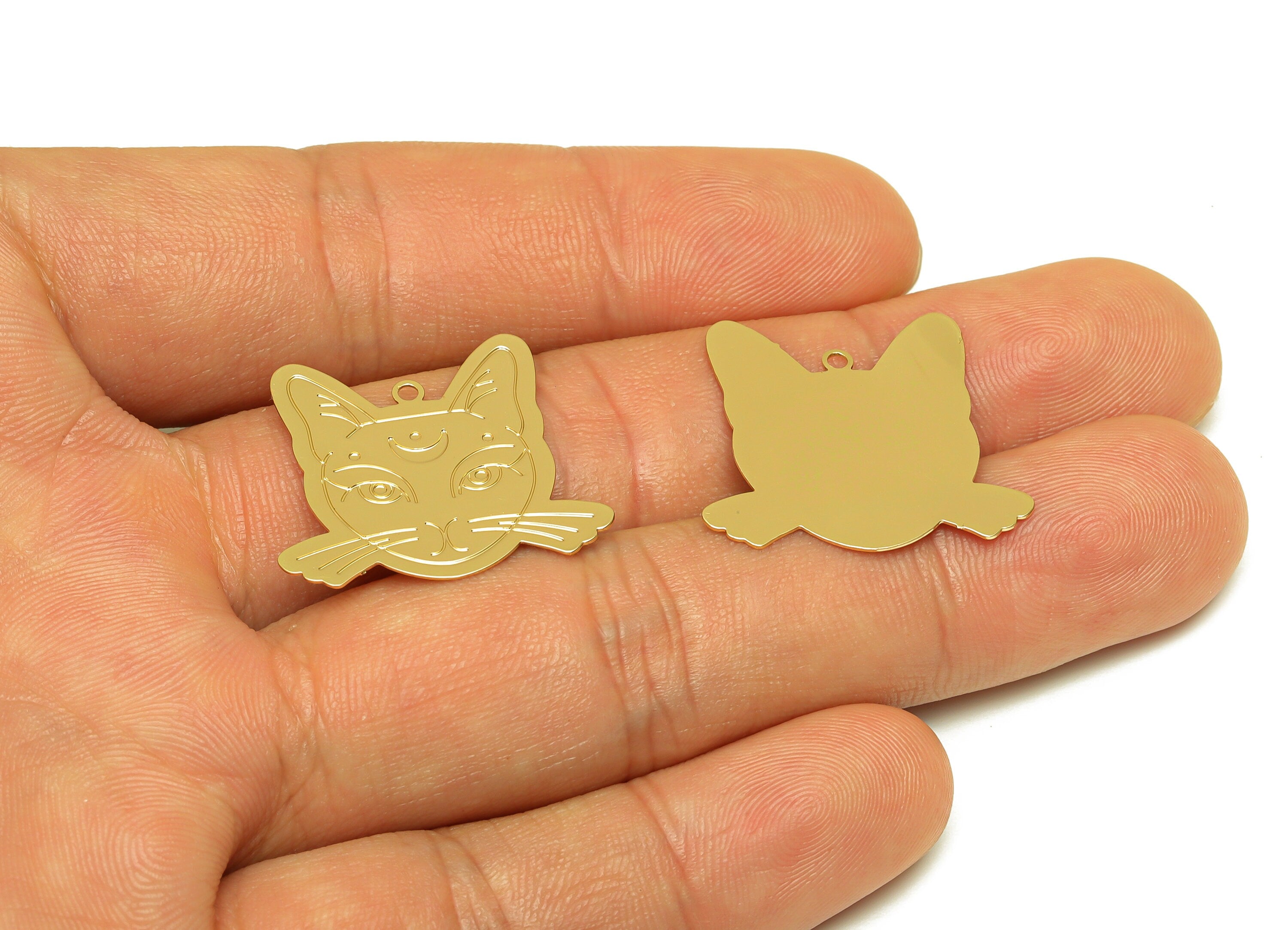 Brass Cat Earring Charm - Brass Crescent Cat Earring Charm - Brass Animal Pendant - 18K Real Gold Plating - 22.52x25.08x0.36mm - RGP7170 - DOMEDBAZAAR
