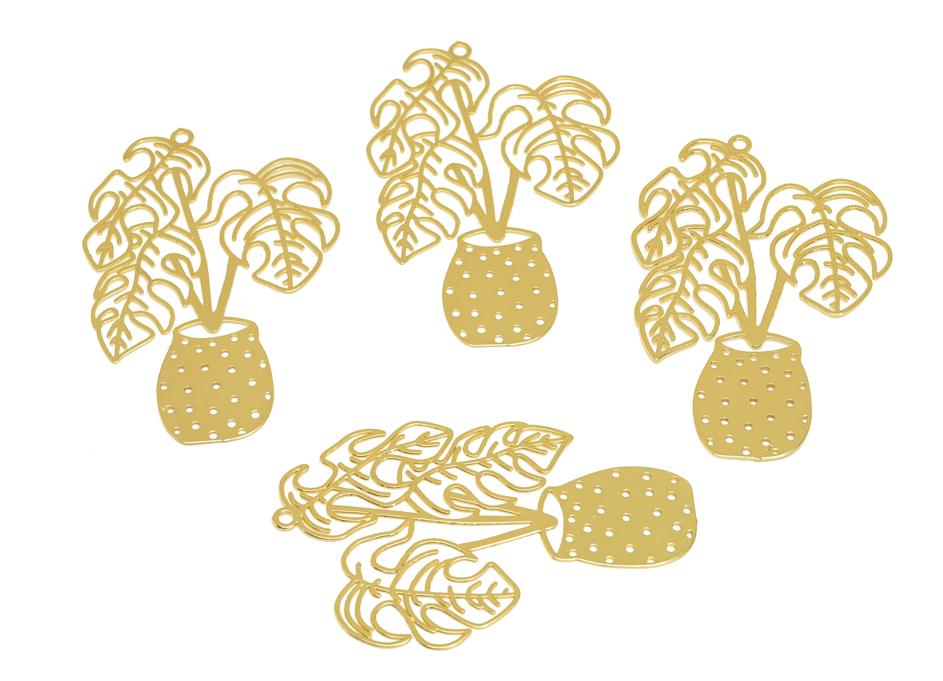 Brass Bouquet Earring Charm - Brass Monstera Earring Charm - Brass Botanical Pendant - 18K Real Gold Plating - 33.44x51.52x0.41mm - RGP7176 - DOMEDBAZAAR