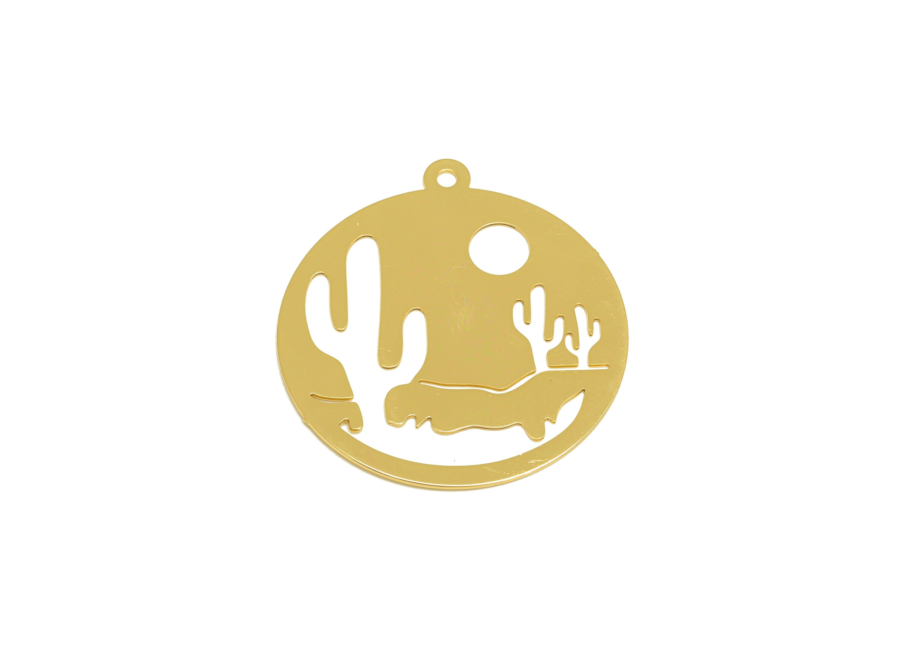 Brass Cactus Earring Charm - Brass Tropical Plant Earring Charm - Desert Botanical Pendant - 18K Real Gold Plating - 27x25x0.3mm- RGP7164 - DOMEDBAZAAR