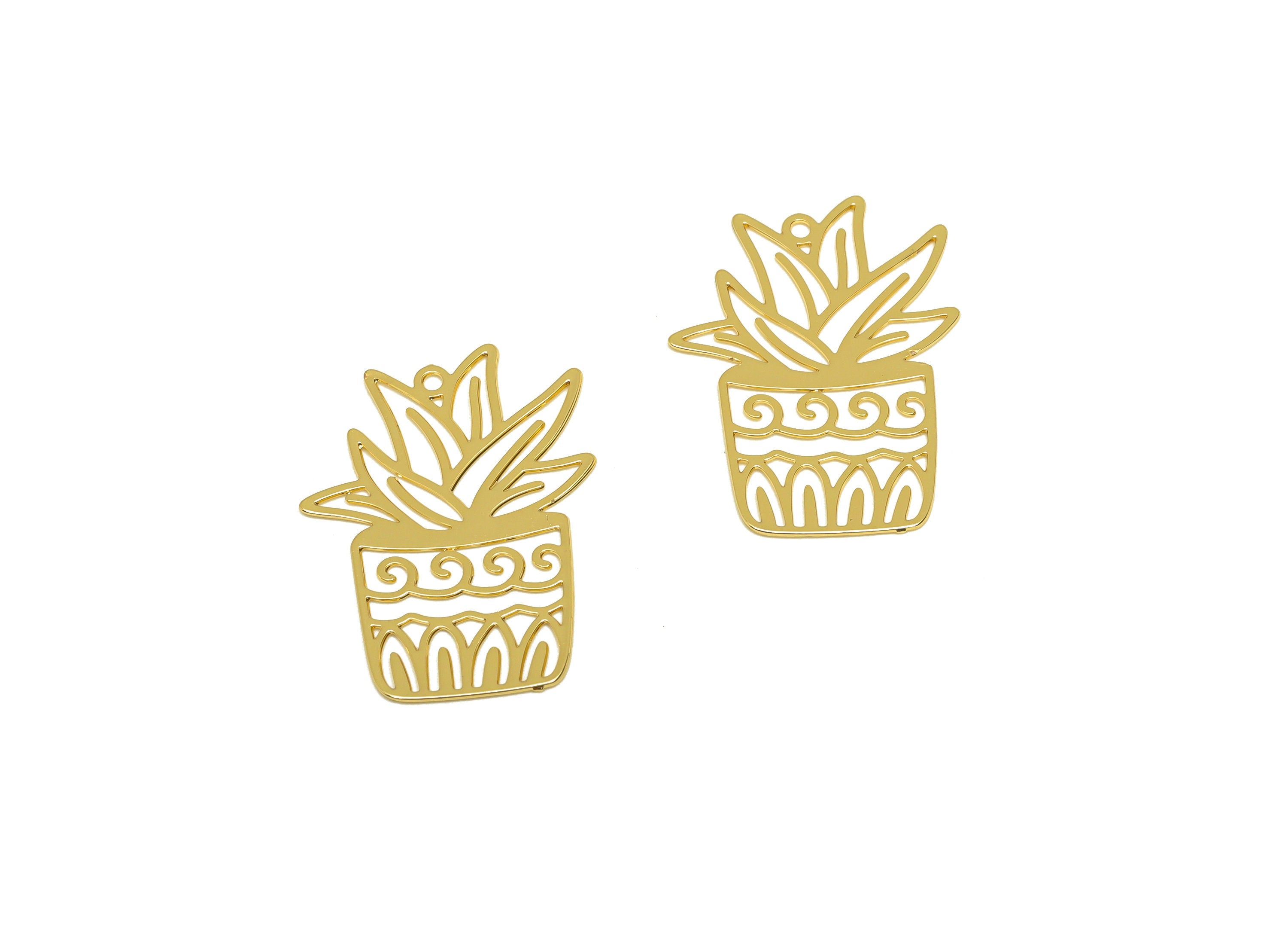 Brass Bouquet Earring Charm - Brass Pattern Spray Earring Charm - Brass Botanical Pendant - 18K Real Gold Plating - 20.8x15x0.43mm - RGP7173 - DOMEDBAZAAR