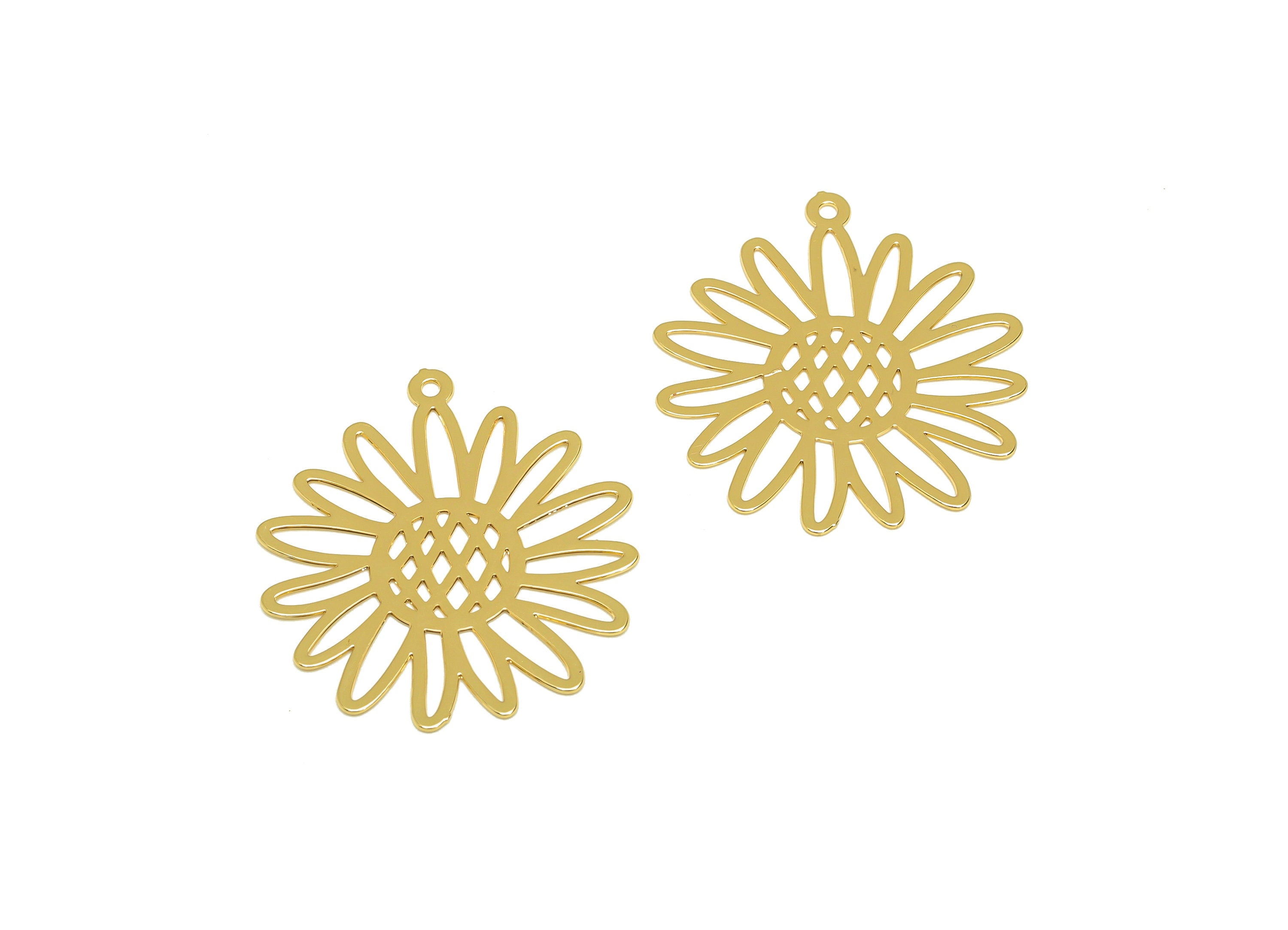 Brass Flower Earring Charm - Brass Hollow Daisy Earring Charm - Brass Botanical Pendant - 18K Real Gold Plating - 25.66x23x0.44mm - RGP7171 - DOMEDBAZAAR