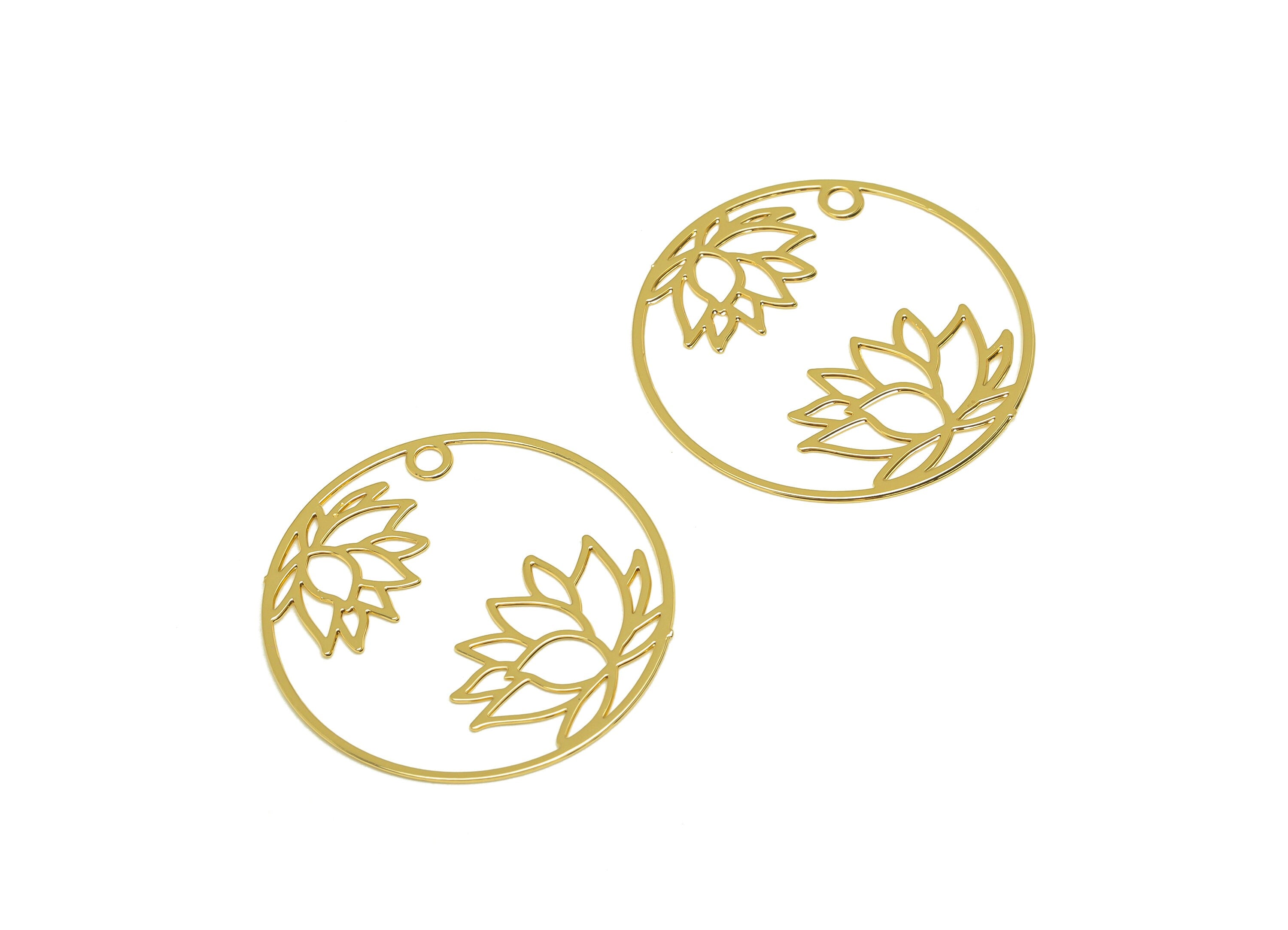 Brass Flower Earring Charm - Brass Hollow Lotus Earring Charm - Brass Botanical Pendant - 18K Real Gold Plating - 27x26.5x0.39mm - RGP7163 - DOMEDBAZAAR