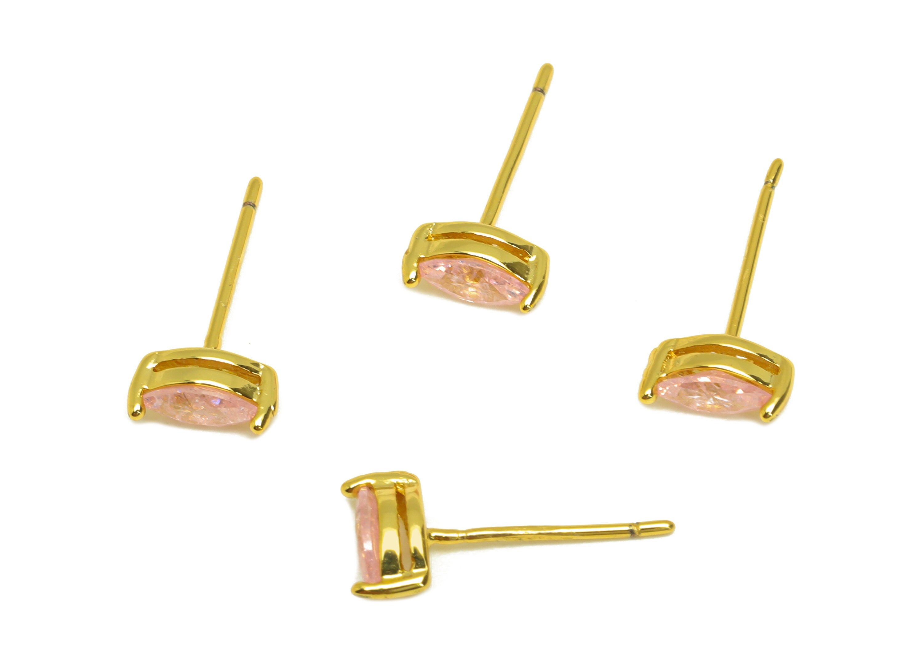 Brass Marquise Earring Stud - Brass Crystal Pink Zircon Earring Post - Geometry Earring Post - 18K Real Gold Plating - 15x7x0.6mm-RGP7180C - DOMEDBAZAAR