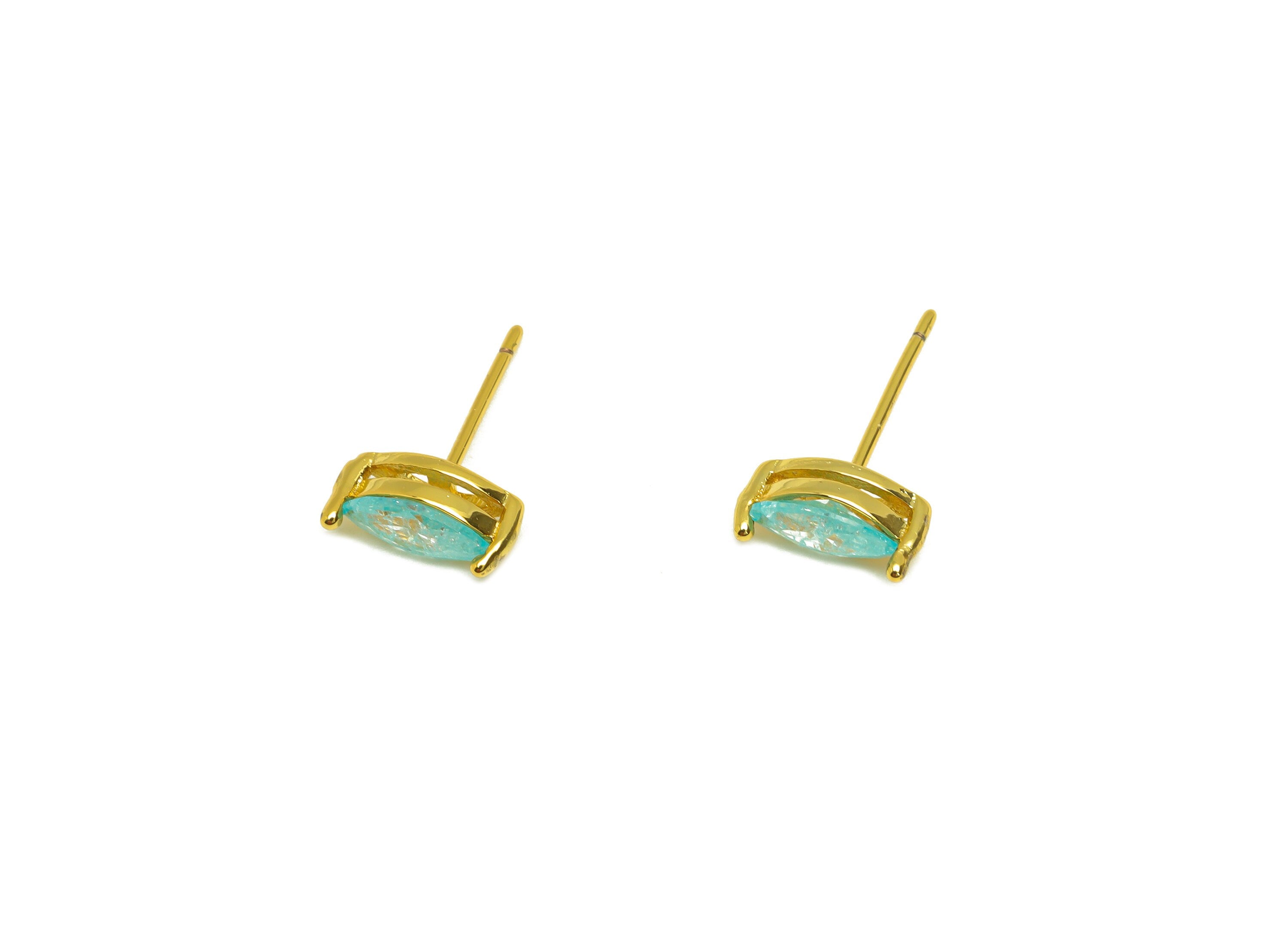 Brass Marquise CZ Earring Stud - Brass Blue Cubic Zircon Earring Post - Geometry Earring Post - 18K Real Gold Plating - 16x9x0.76mm-RGP7181C - DOMEDBAZAAR