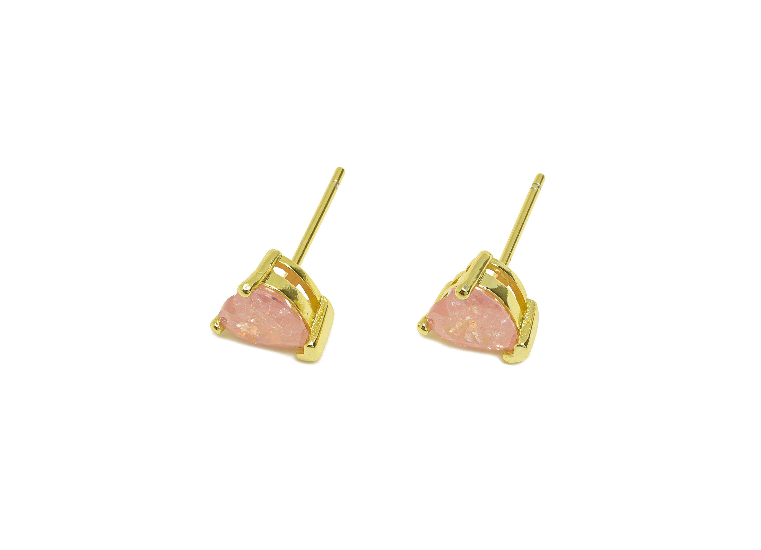 Brass Heart CZ Earring Stud - Brass Pink Cubic Zircon Earring Post - Geometry Earring Post - 18K Real Gold Plating - 17x7x0.73mm - RGP7182D - DOMEDBAZAAR