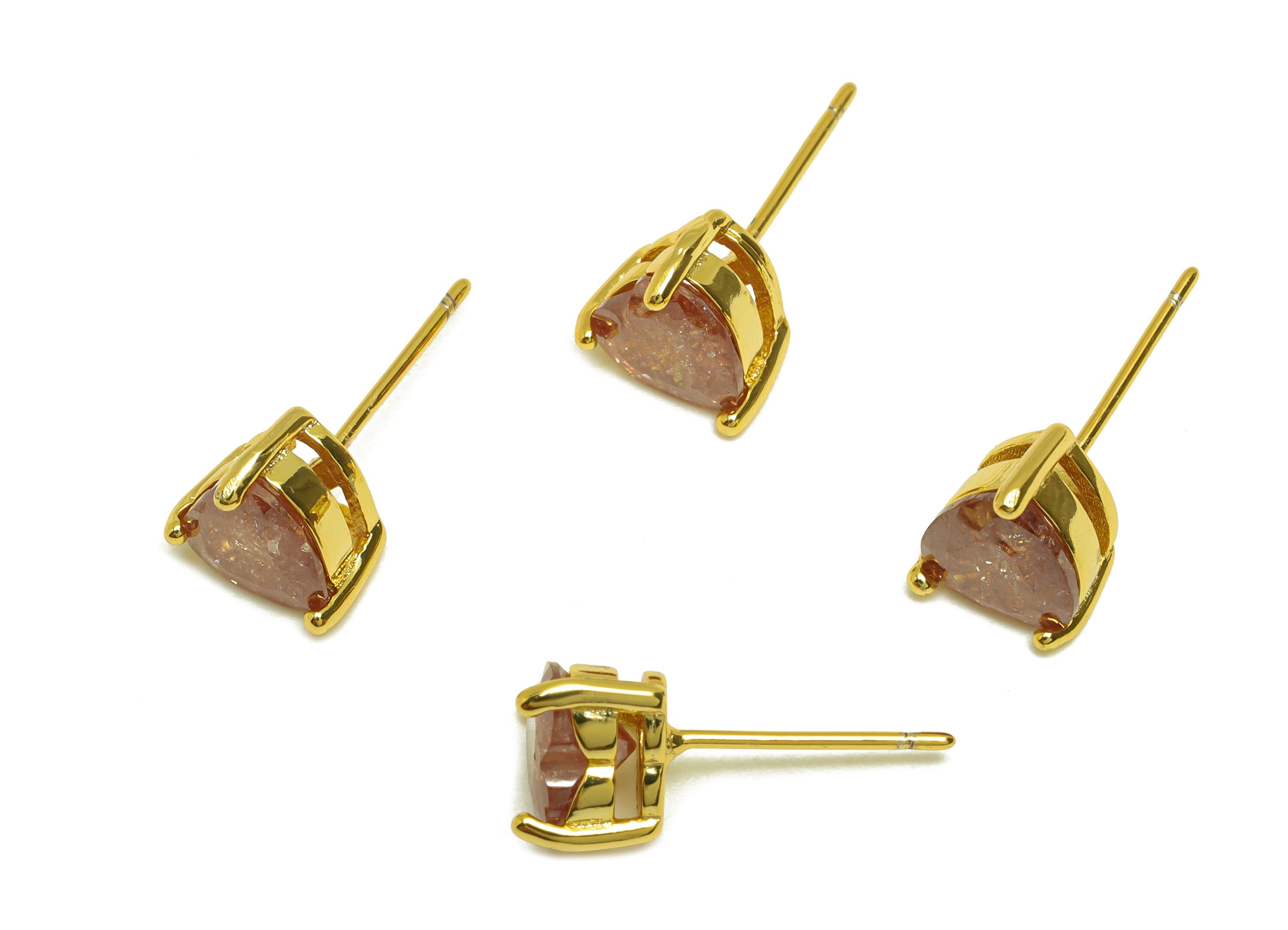Brass Heart CZ Earring Stud - Brass Purple Cubic Zircon Earring Post - Geometry Earring Post - 18K Real Gold Plating - 17x7x1mm -RGP7182E - DOMEDBAZAAR