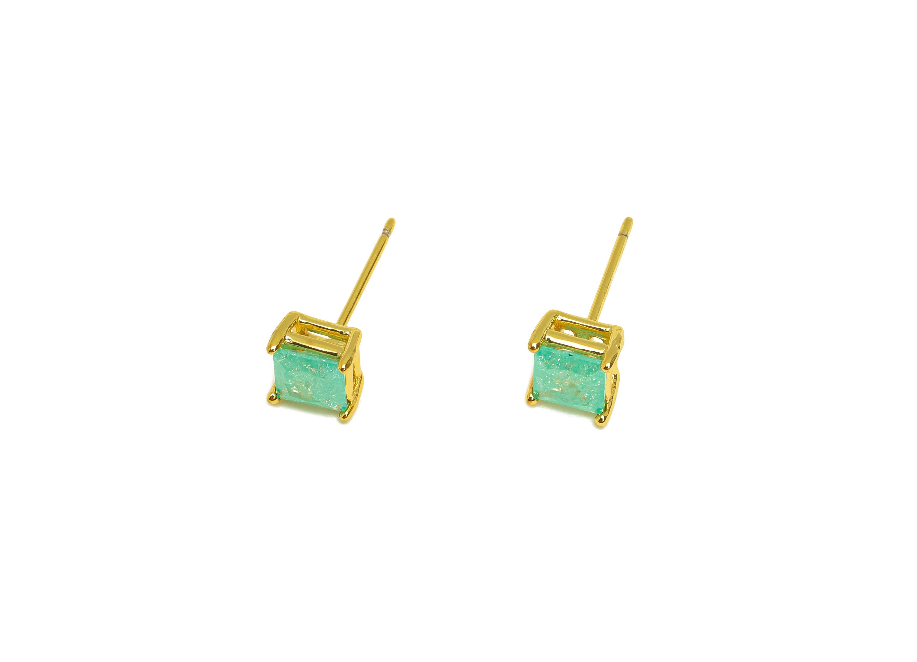 Brass Square CZ Earring Stud - Brass Blue Cubic Zircon Earring Post - Geometry Earring Post - 18K Real Gold Plating - 16x6x0.66mm - RGP7183C - DOMEDBAZAAR