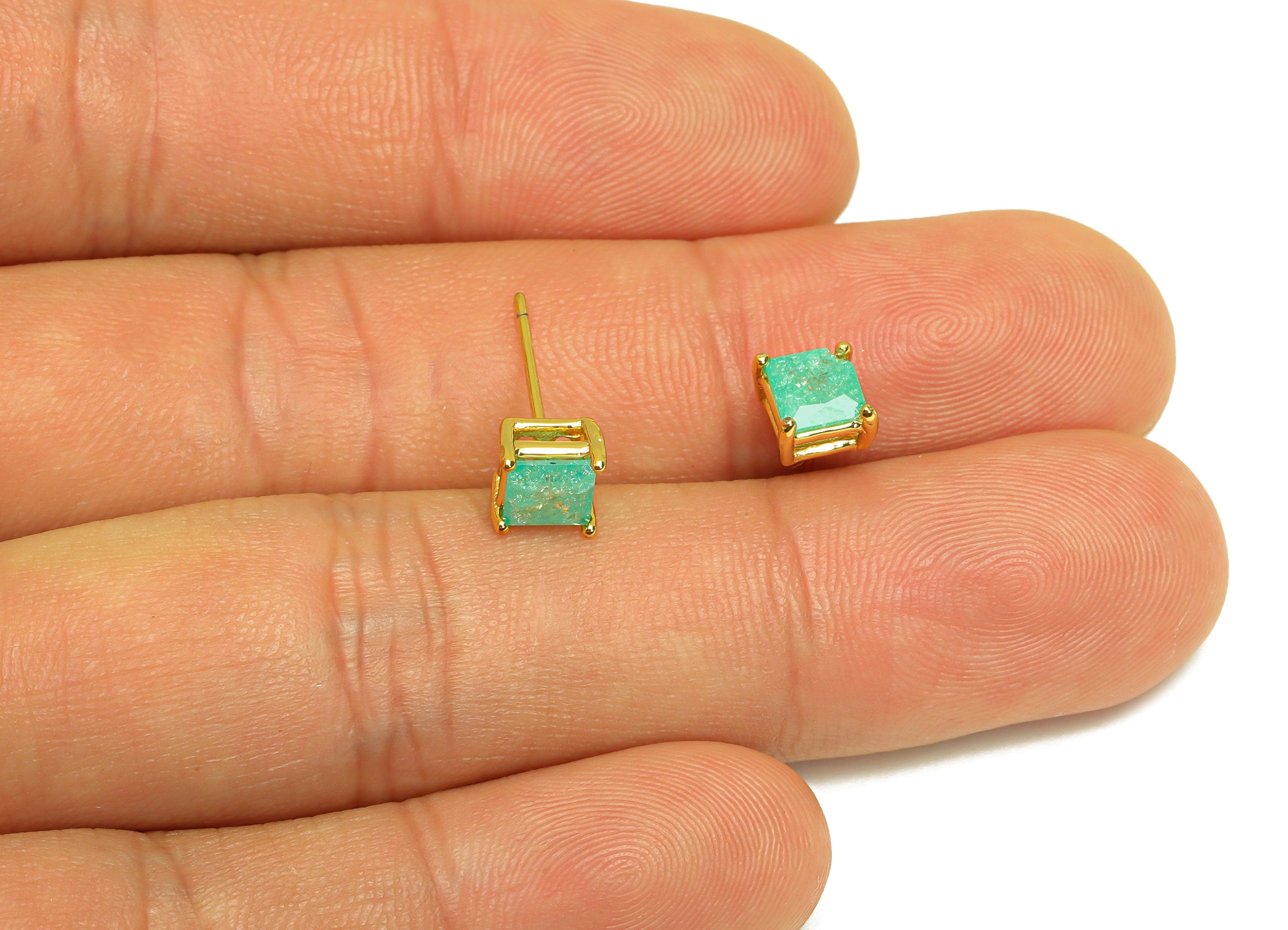 Brass Square CZ Earring Stud - Brass Blue Cubic Zircon Earring Post - Geometry Earring Post - 18K Real Gold Plating - 16x6x0.66mm - RGP7183C - DOMEDBAZAAR