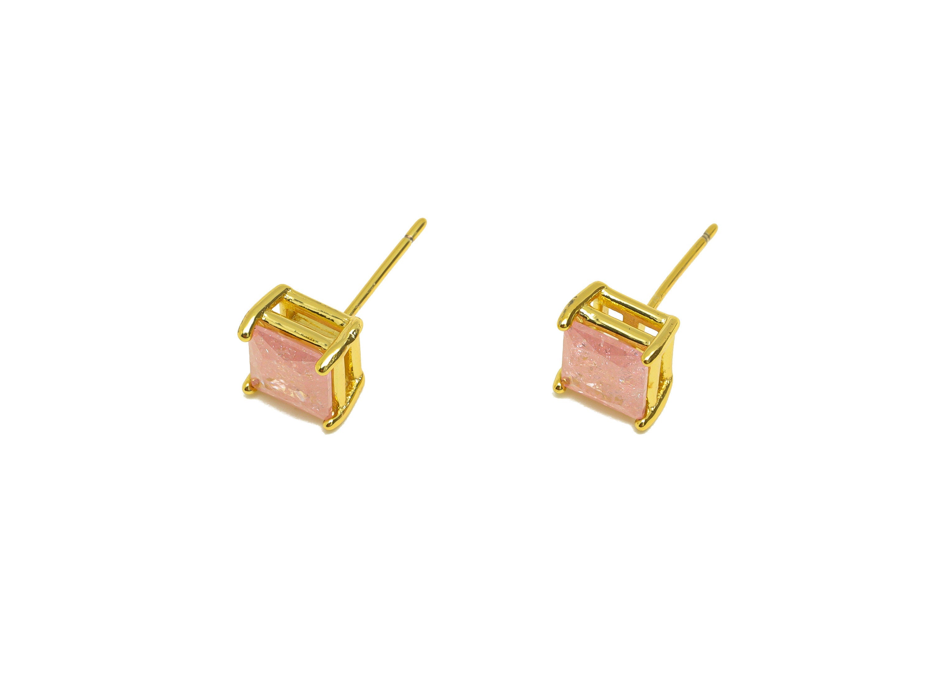 Brass Square CZ Earring Stud - Brass Pink Cubic Zircon Earring Post - Geometry Earring Post - 18K Real Gold Plating - 16x7x0.72mm - RGP7184A - DOMEDBAZAAR