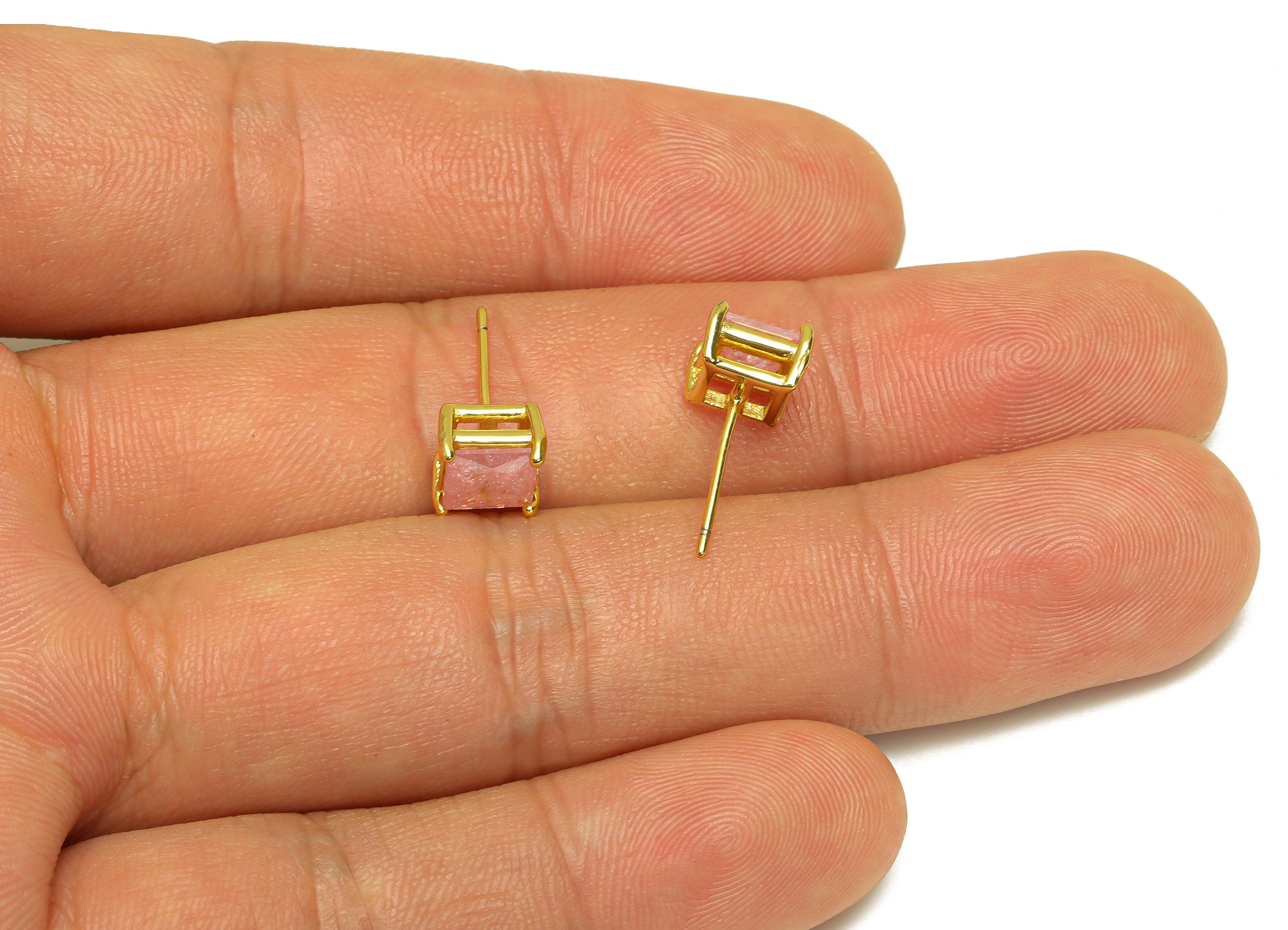 Brass Square CZ Earring Stud - Brass Pink Cubic Zircon Earring Post - Geometry Earring Post - 18K Real Gold Plating - 16x7x0.72mm - RGP7184A - DOMEDBAZAAR