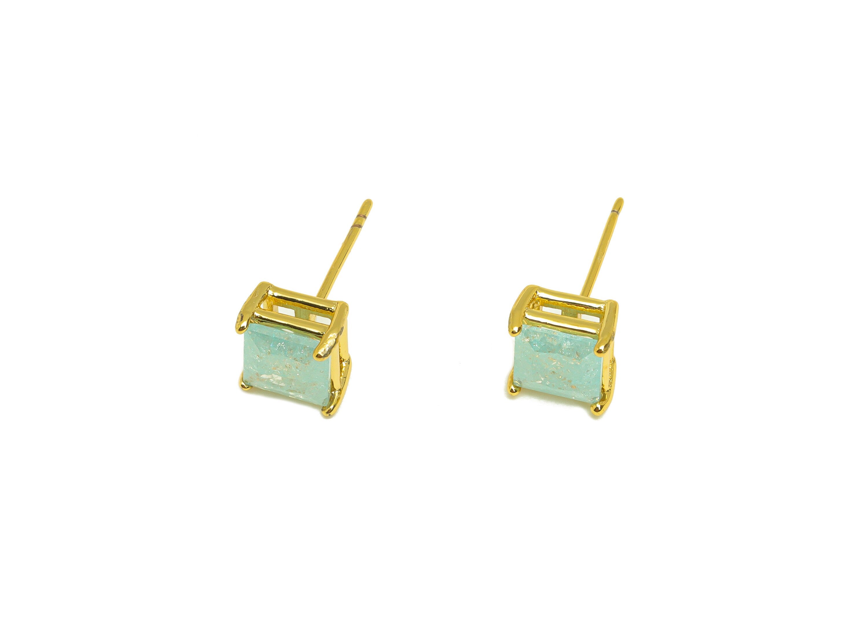 Brass Square CZ Earring Stud - Brass Blue Cubic Zircon Earring Post - Geometry Earring Post - 18K Real Gold Plating - 16x7x0.72mm - RGP7184C - DOMEDBAZAAR