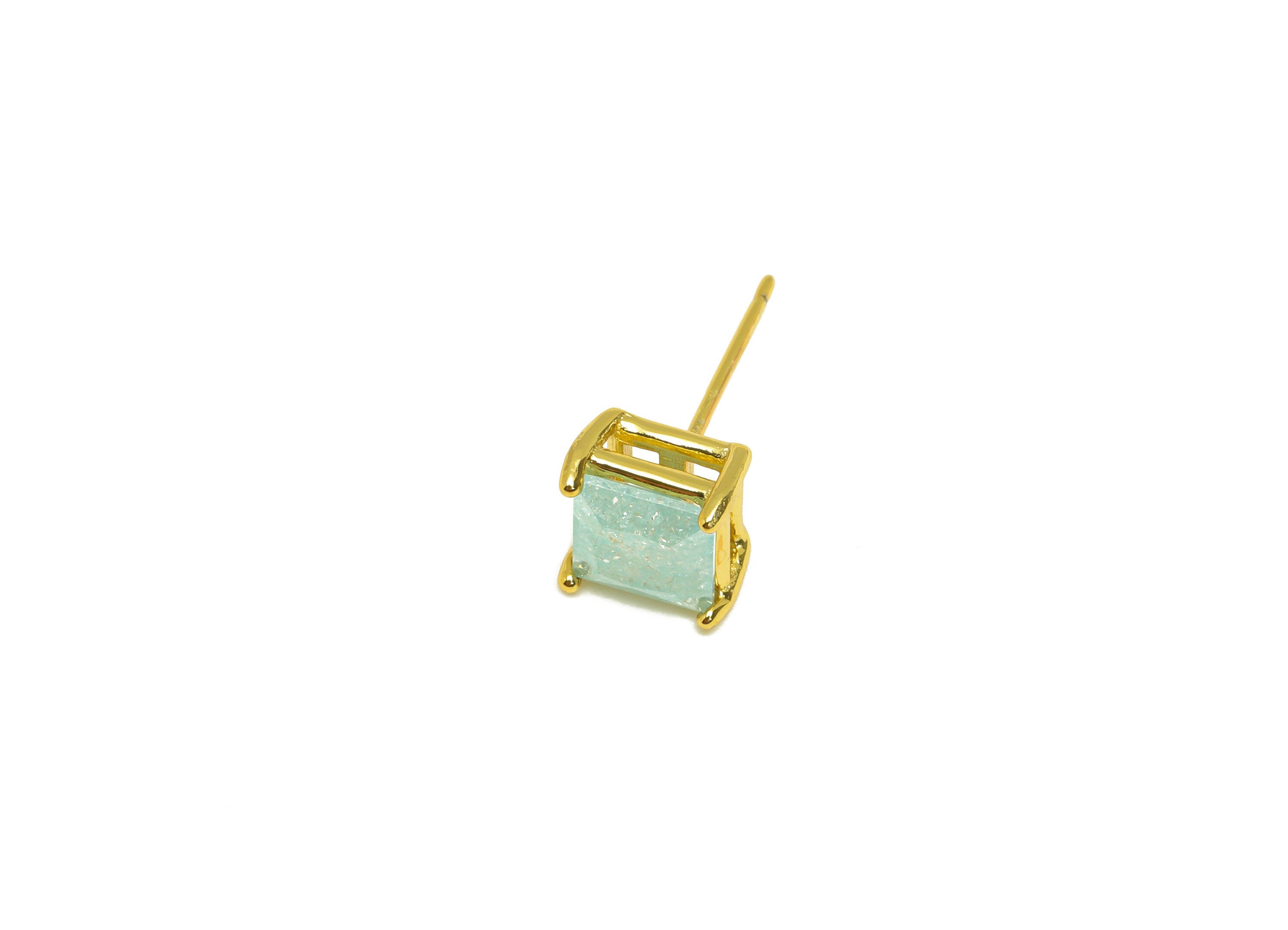 Brass Square CZ Earring Stud - Brass Blue Cubic Zircon Earring Post - Geometry Earring Post - 18K Real Gold Plating - 16x7x0.72mm - RGP7184C - DOMEDBAZAAR