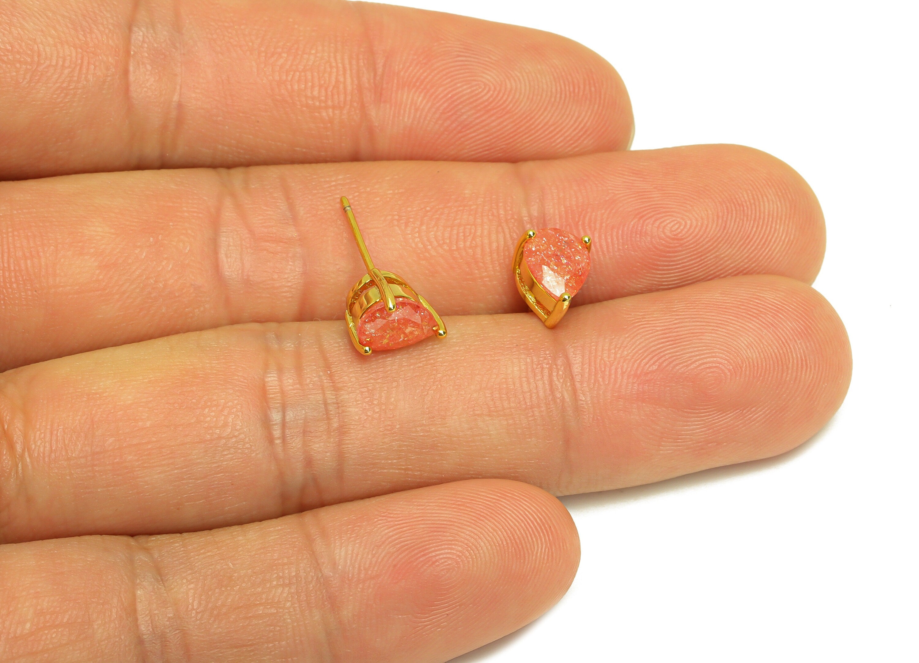 Brass Teardrop CZ Earring Stud - Brass Pink Cubic Zircon Earring Post - Geometry Earring Post - 18K Real Gold Plating - 17x6x0.7mm -RGP7185A - DOMEDBAZAAR