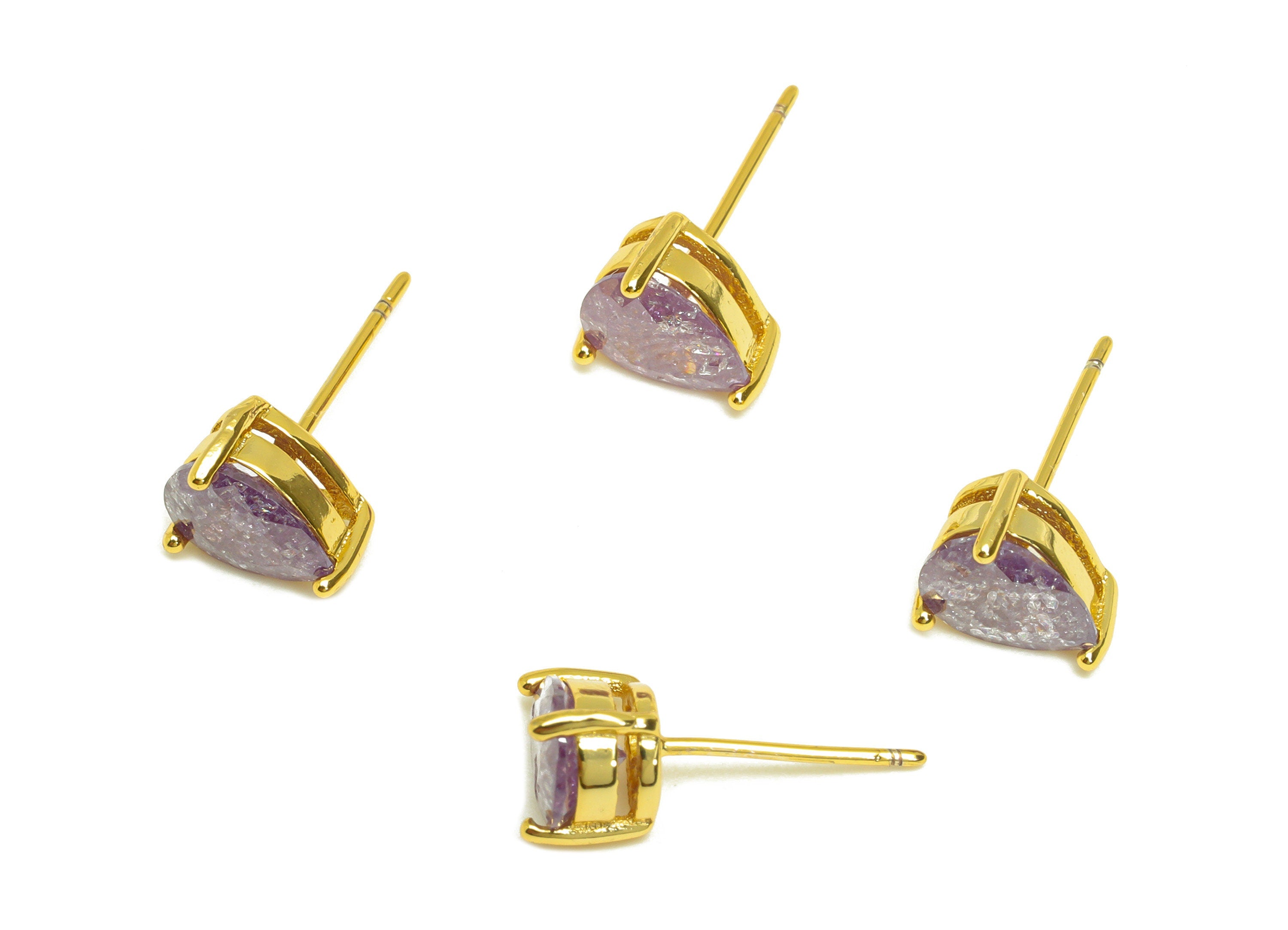 Brass Teardrop CZ Earring Stud - Brass Purple Cubic Zircon Earring Post - Drop Earring Post - 18K Real Gold Plating - 17x6x0.7mm -RGP7185B - DOMEDBAZAAR