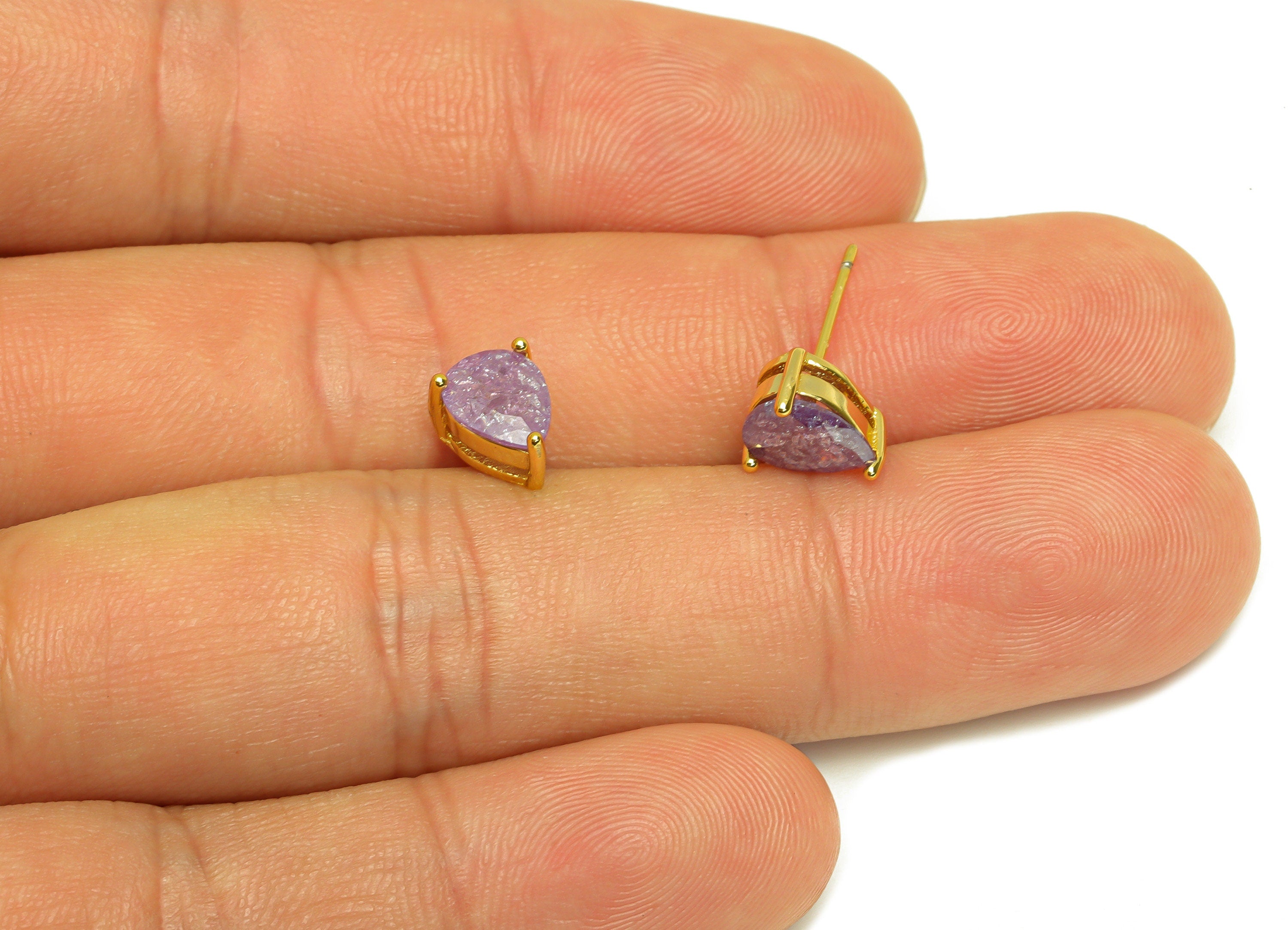 Brass Teardrop CZ Earring Stud - Brass Purple Cubic Zircon Earring Post - Drop Earring Post - 18K Real Gold Plating - 17x6x0.7mm -RGP7185B - DOMEDBAZAAR