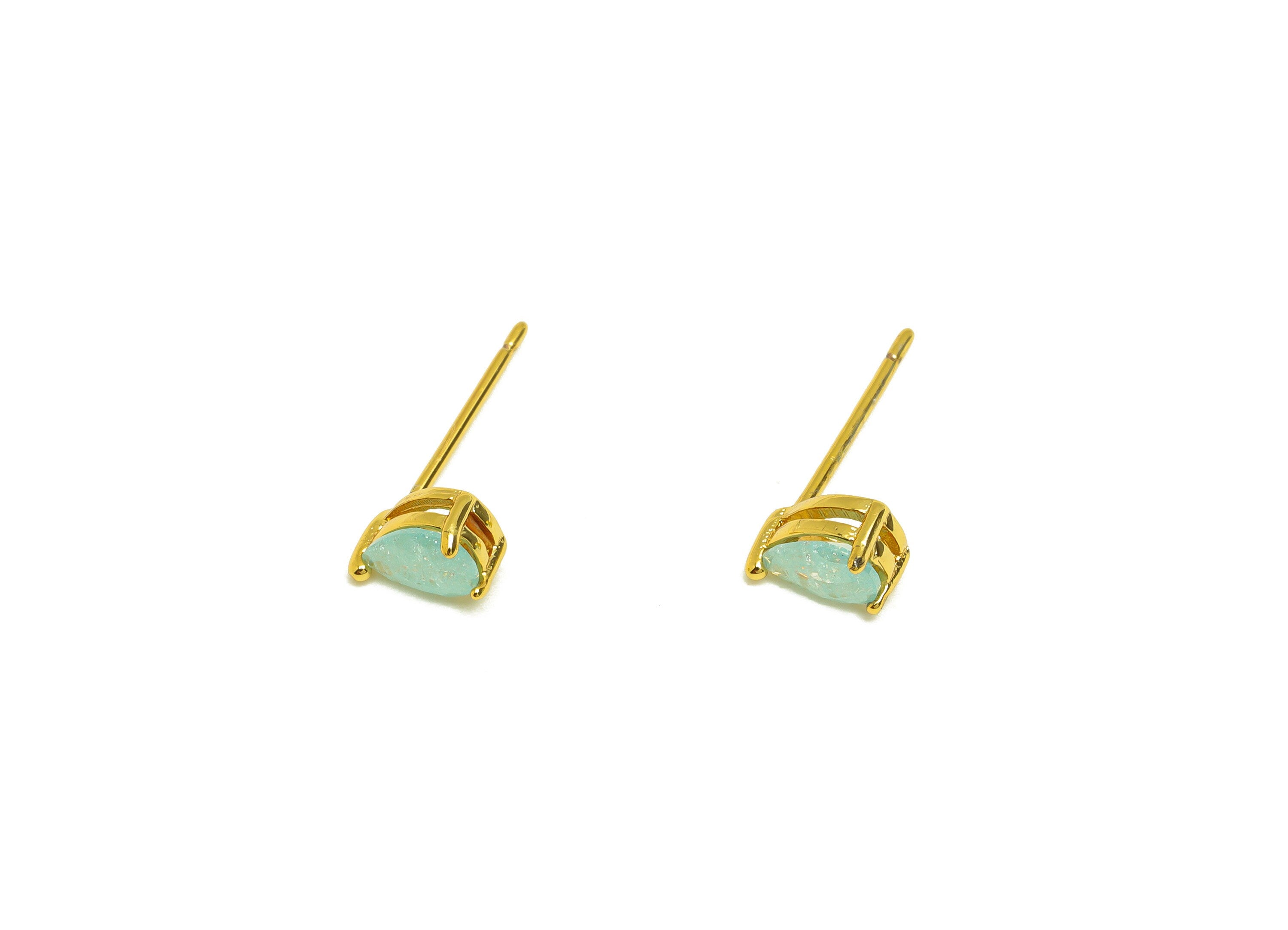 Brass Teardrop CZ Earring Stud - Brass Blue Cubic Zircon Earring Post - Drop Earring Post - 18K Real Gold Plating - 15x4x0.74mm - RGP7186C - DOMEDBAZAAR