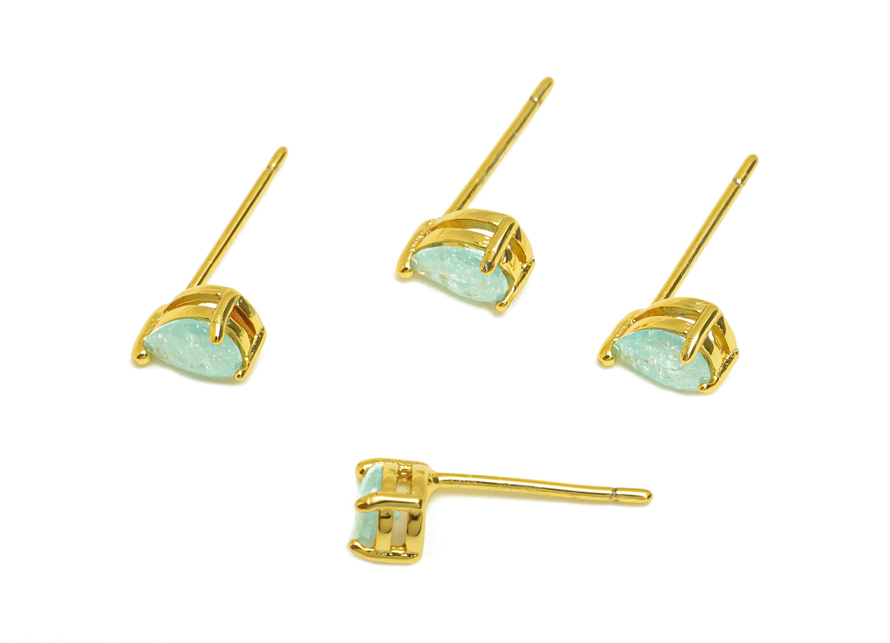Brass Teardrop CZ Earring Stud - Brass Blue Cubic Zircon Earring Post - Drop Earring Post - 18K Real Gold Plating - 15x4x0.74mm - RGP7186C - DOMEDBAZAAR
