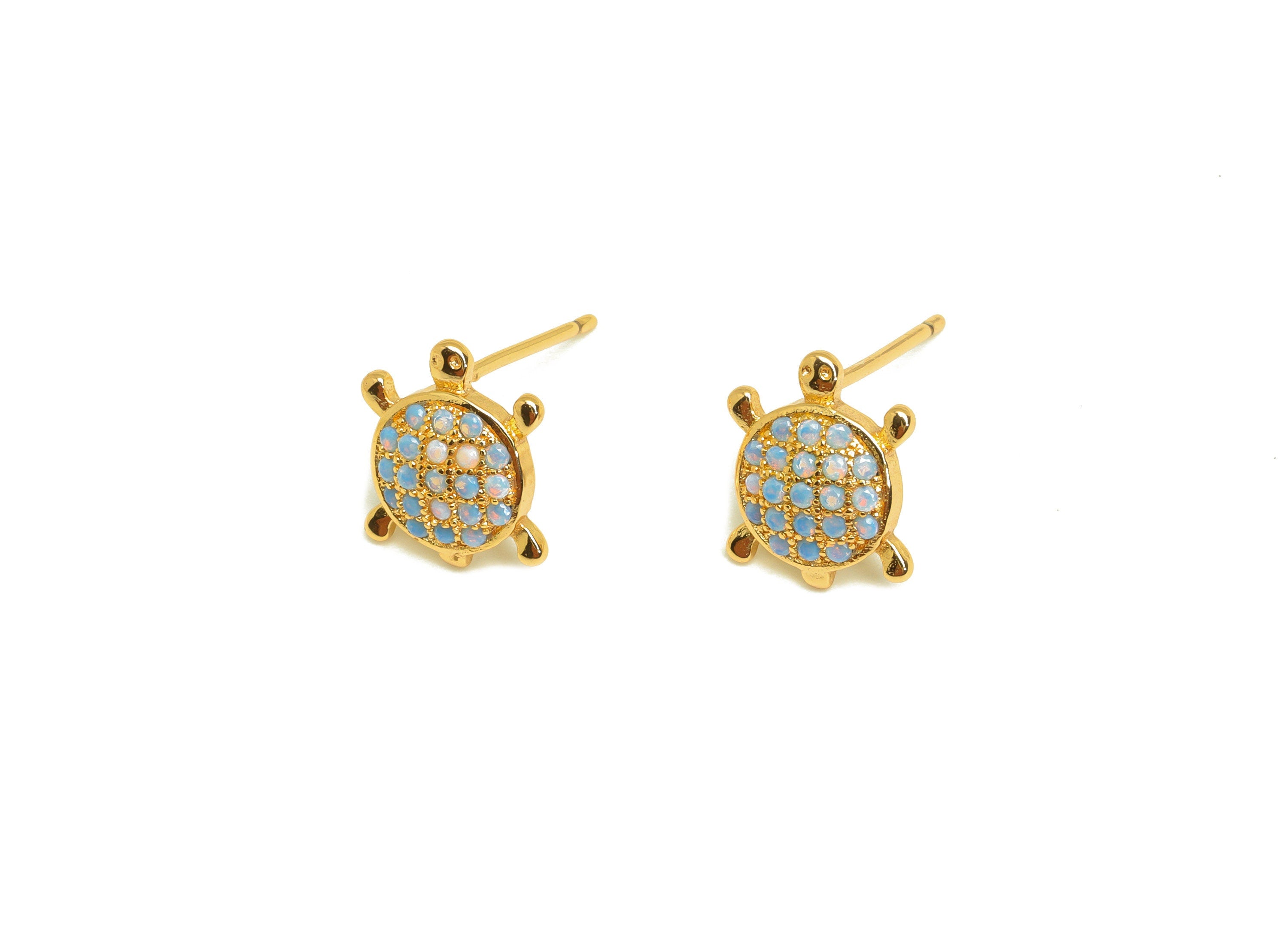 Brass Turtle CZ Earring Stud - Brass Rainbow Nano Stone Earring Post - Turtle Baby Earring Post - 18K Real Gold Plating - 14x9x1mm- RGP7187A - DOMEDBAZAAR