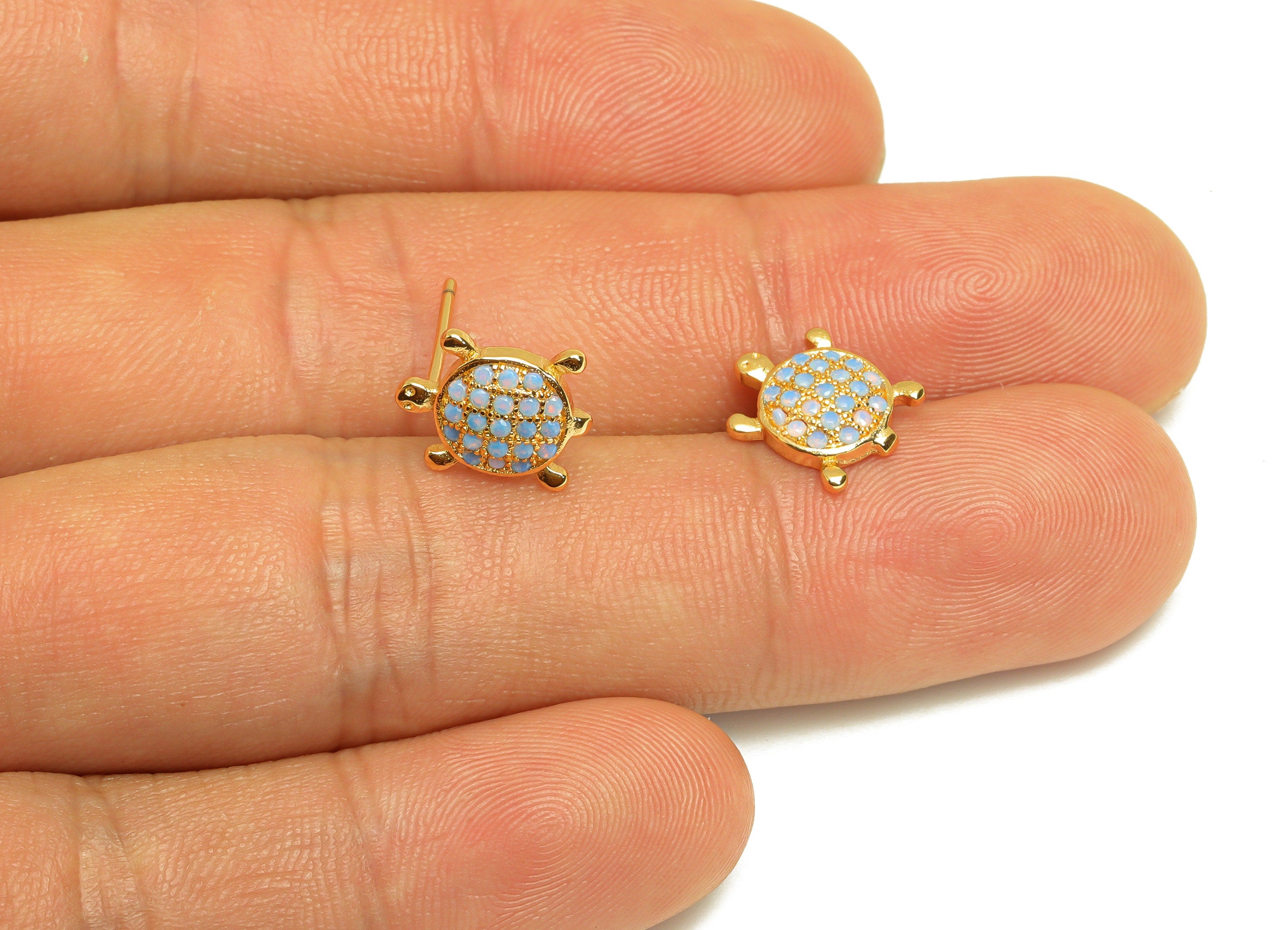 Brass Turtle CZ Earring Stud - Brass Rainbow Nano Stone Earring Post - Turtle Baby Earring Post - 18K Real Gold Plating - 14x9x1mm- RGP7187A - DOMEDBAZAAR