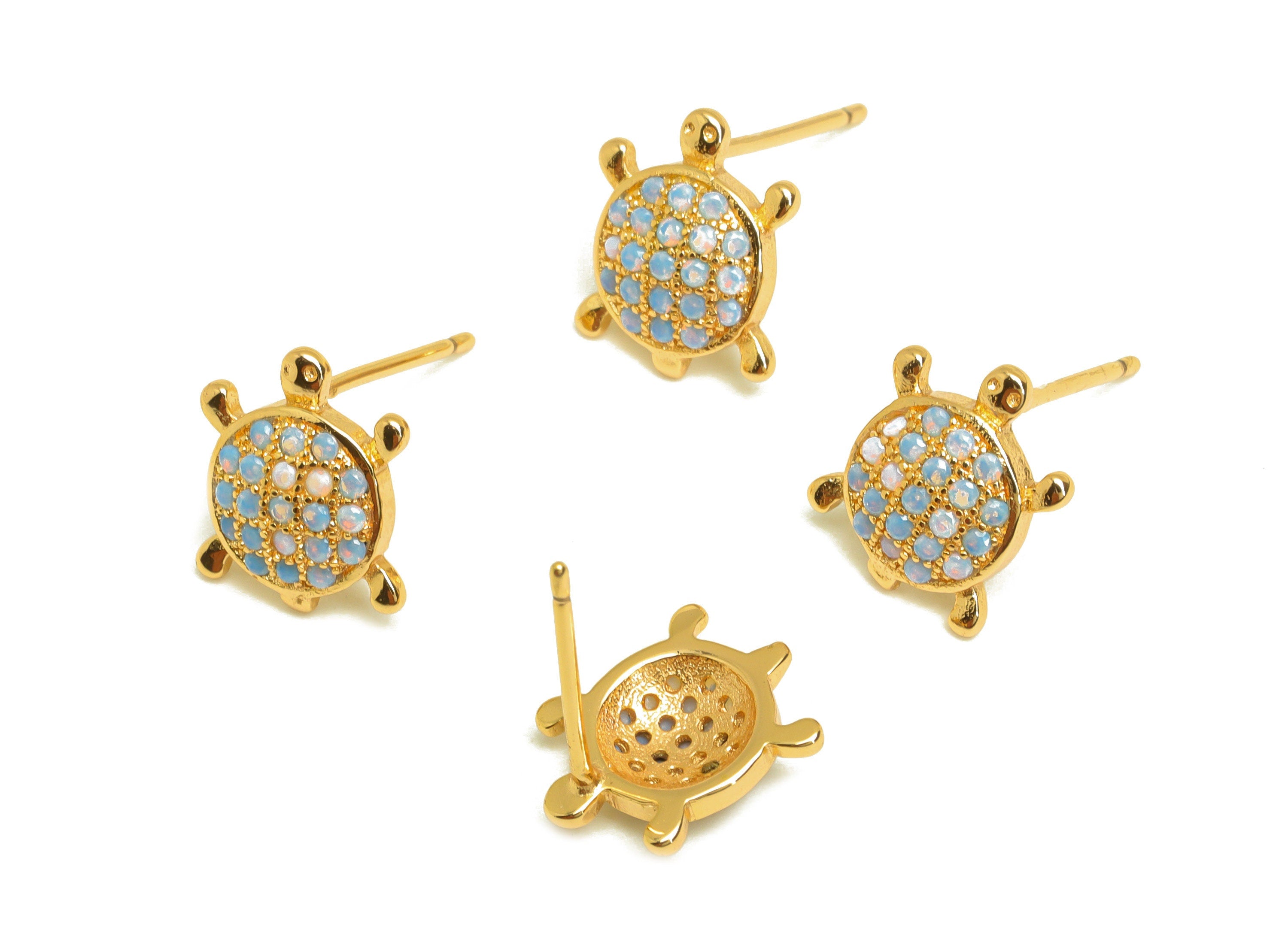 Brass Turtle CZ Earring Stud - Brass Rainbow Nano Stone Earring Post - Turtle Baby Earring Post - 18K Real Gold Plating - 14x9x1mm- RGP7187A - DOMEDBAZAAR