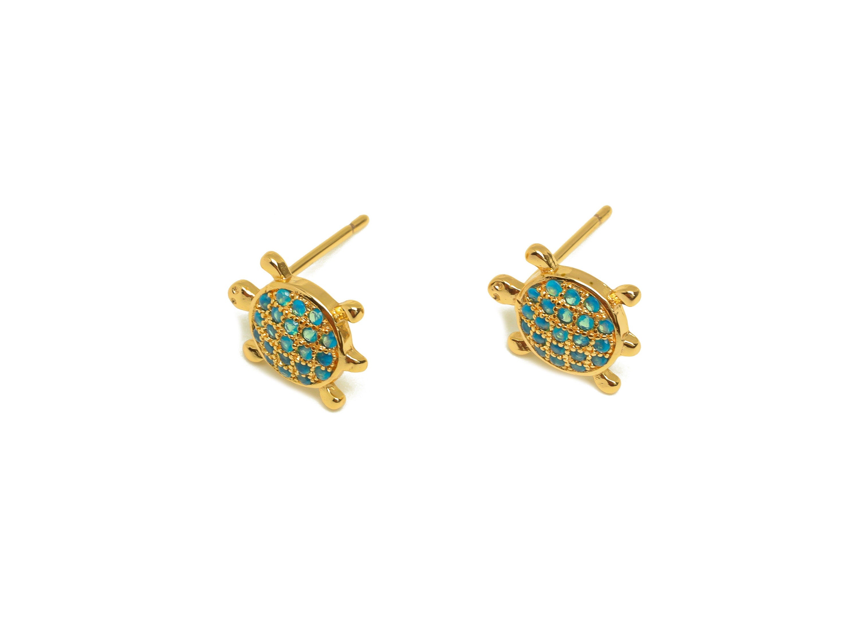 Brass Turtle CZ Earring Stud - Brass Nano Stone Earring Post - Brass Turtle Baby Earring Post - 18K Real Gold Plating - 14x9x0.7mm -RGP7187B - DOMEDBAZAAR