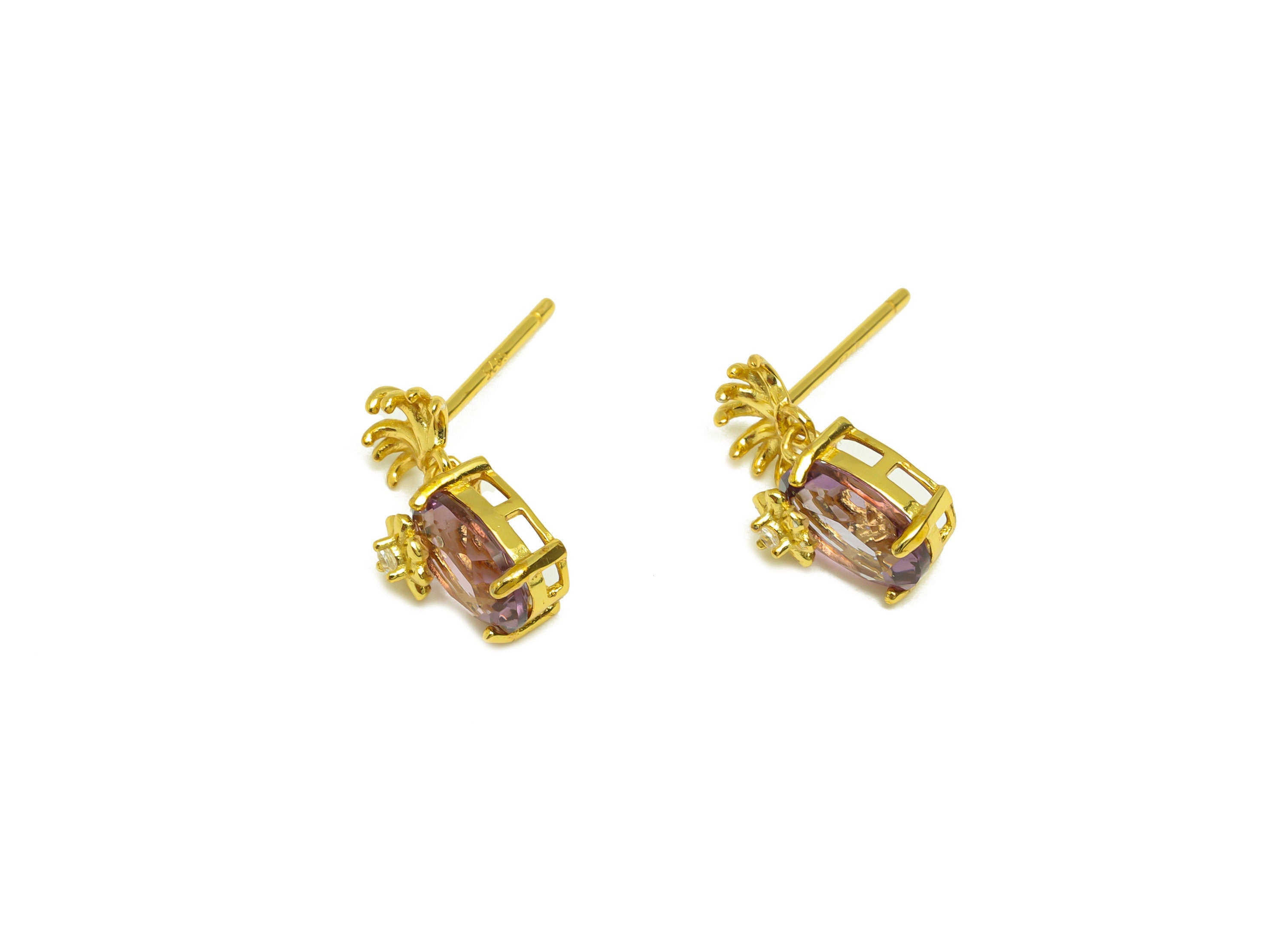 Amethyst Oval Earring Stud - Amethyst Oval Earring Post - 925 Silver Amethyst Earring Post - 18K Real Gold Plating - 13x6x0.7mm - RGP7189 - DOMEDBAZAAR