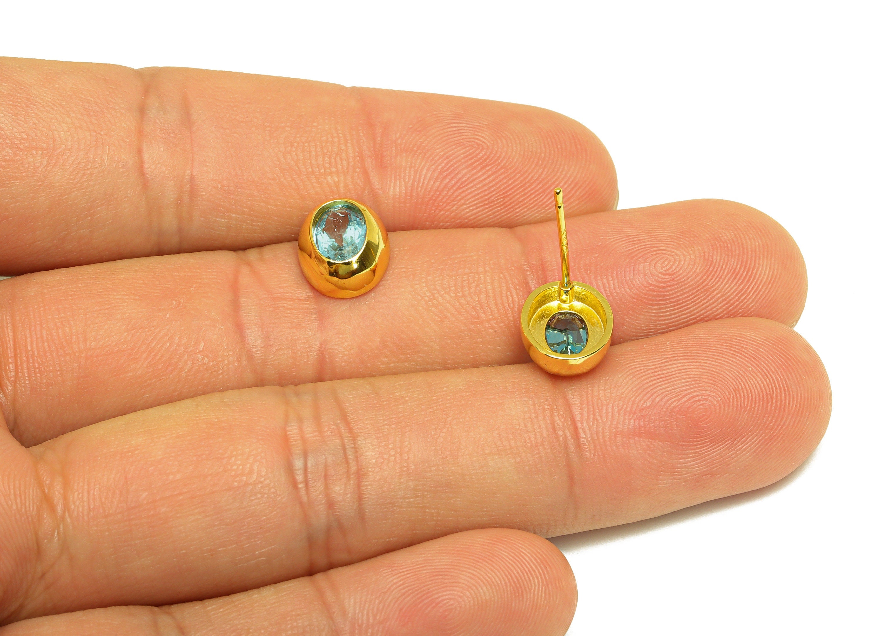 Topaz Oval Earring Stud - Topaz Oval Earring Post - 925 Silver Geometry Earring Post - 18K Real Gold Plating Silver - 10x8x0.8mm - RGP7195 - DOMEDBAZAAR