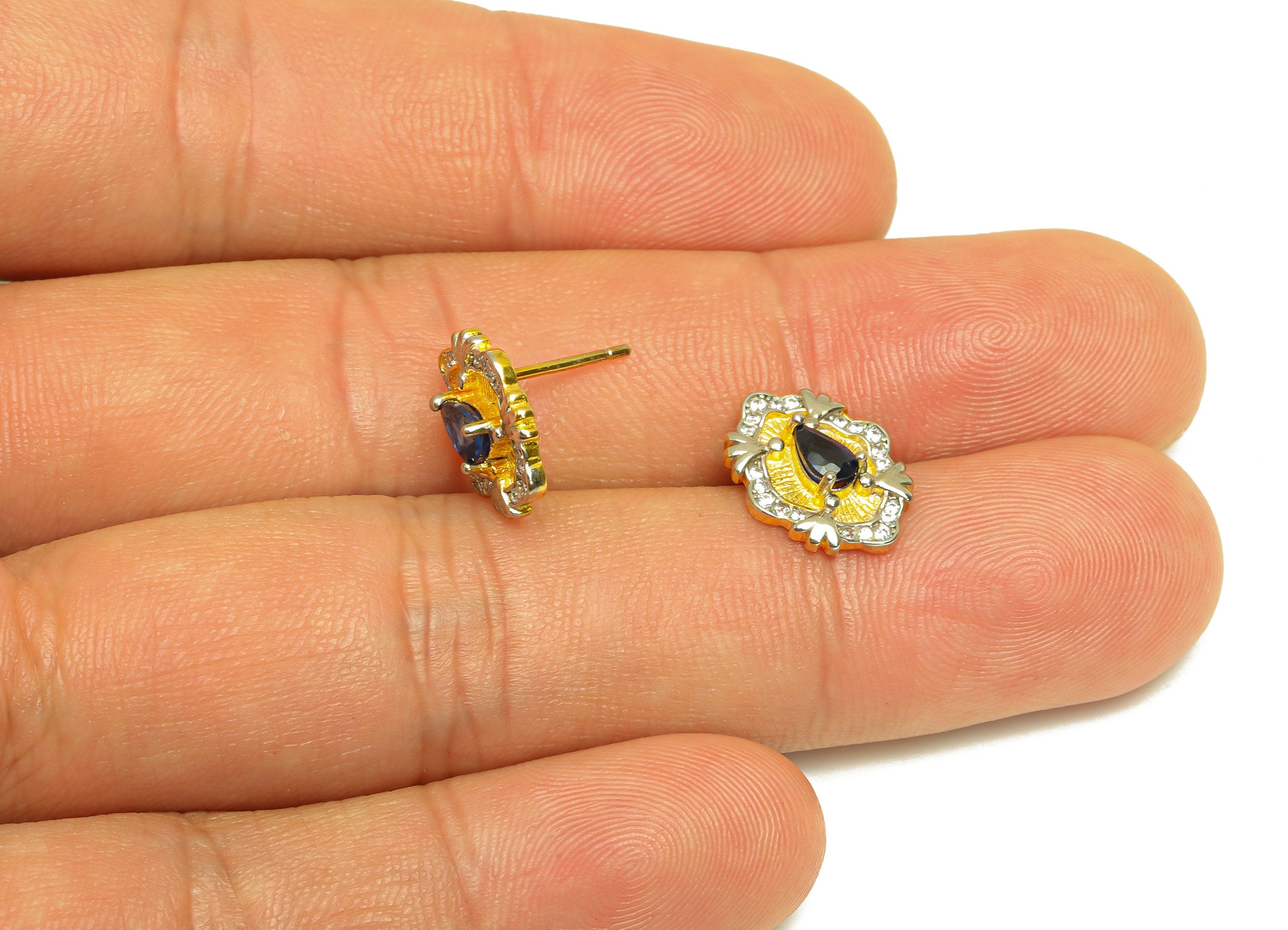 Sapphire Earring Stud - Sapphire Teardrop Earring Post - 925 Silver Vintage Earring Post - 18K Real Gold Plating Silver - 13x10x1mm -RGP7192 - DOMEDBAZAAR