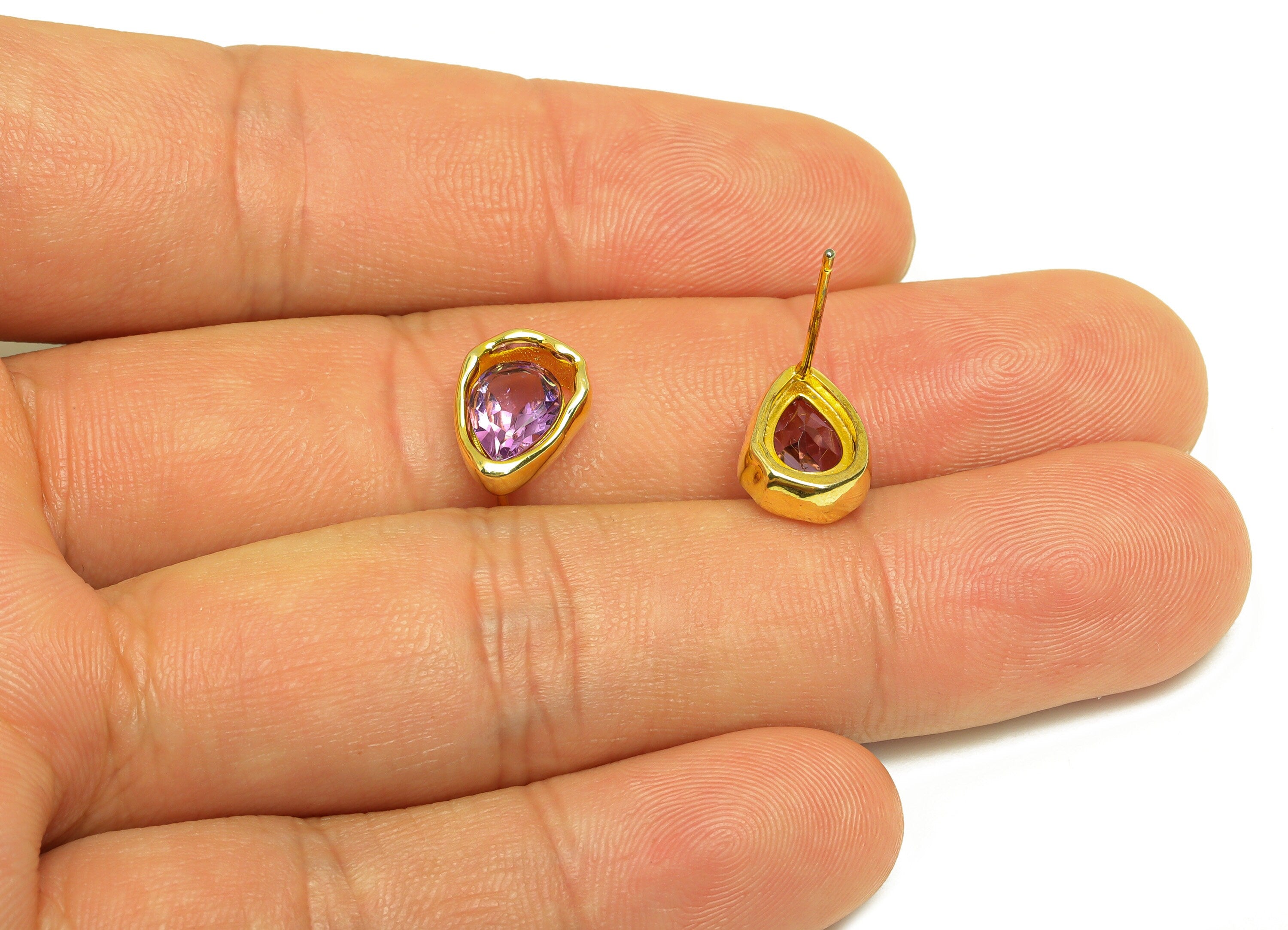 Amethyst Earring Stud - Amethyst Teardrop Earring Post - 925 Silver Geometry Earring Post - 18K Real Gold Plating Silver - 11x9x1mm -RGP7197 - DOMEDBAZAAR