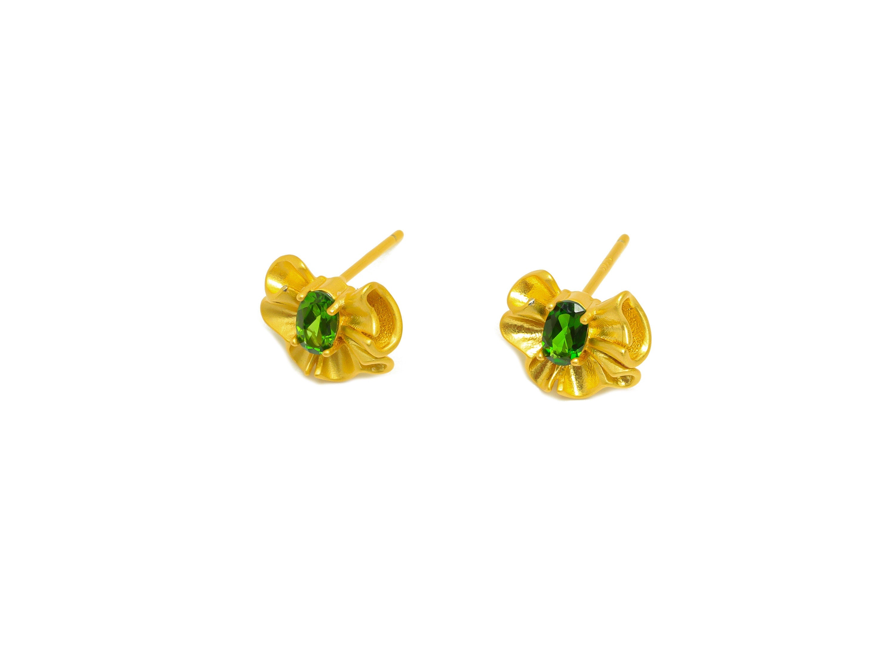 Diopside Earring Stud - Textured Diopside Earring Post - Wavy Silver Vintage Earring Post - 18K Real Gold Plating Silver - 9x11x1mm -RGP7193 - DOMEDBAZAAR