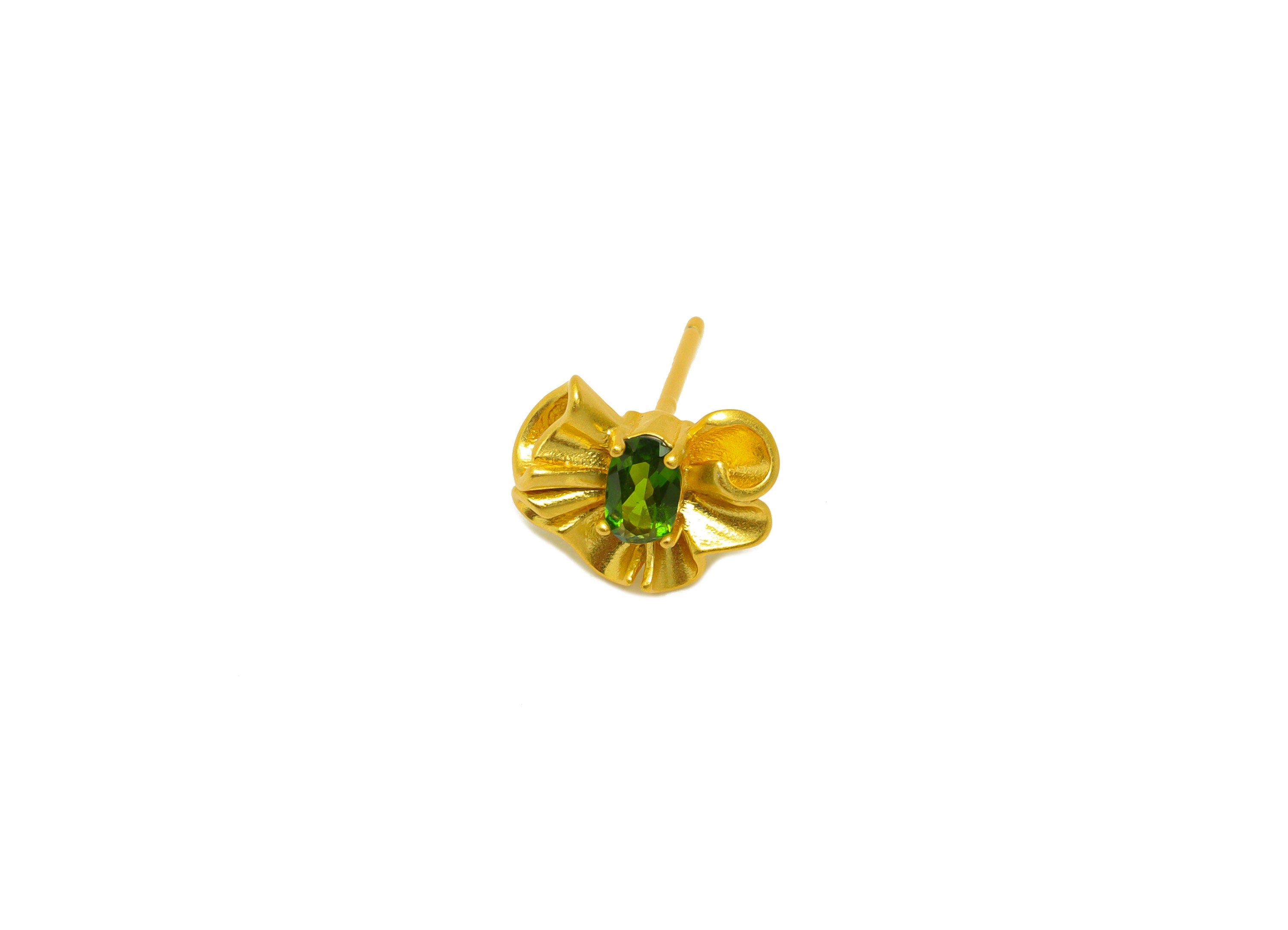 Diopside Earring Stud - Textured Diopside Earring Post - Wavy Silver Vintage Earring Post - 18K Real Gold Plating Silver - 9x11x1mm -RGP7193 - DOMEDBAZAAR