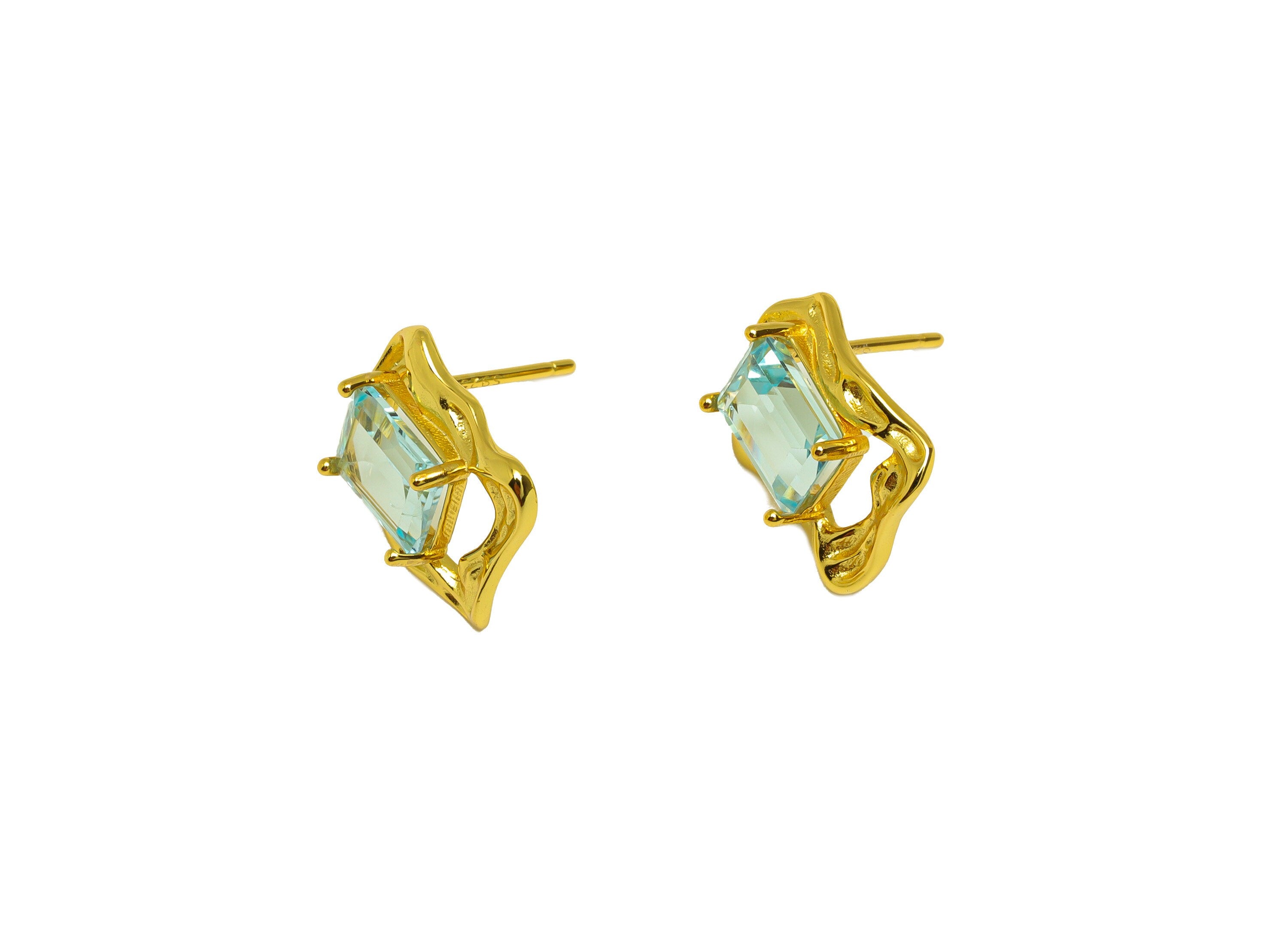 Topaz Earring Stud - Topaz Rectangle Earring Post - 925 Silver Frame Vintage Earring Post - 18K Real Gold Plating Silver - 13x11x1mm-RGP7202 - DOMEDBAZAAR