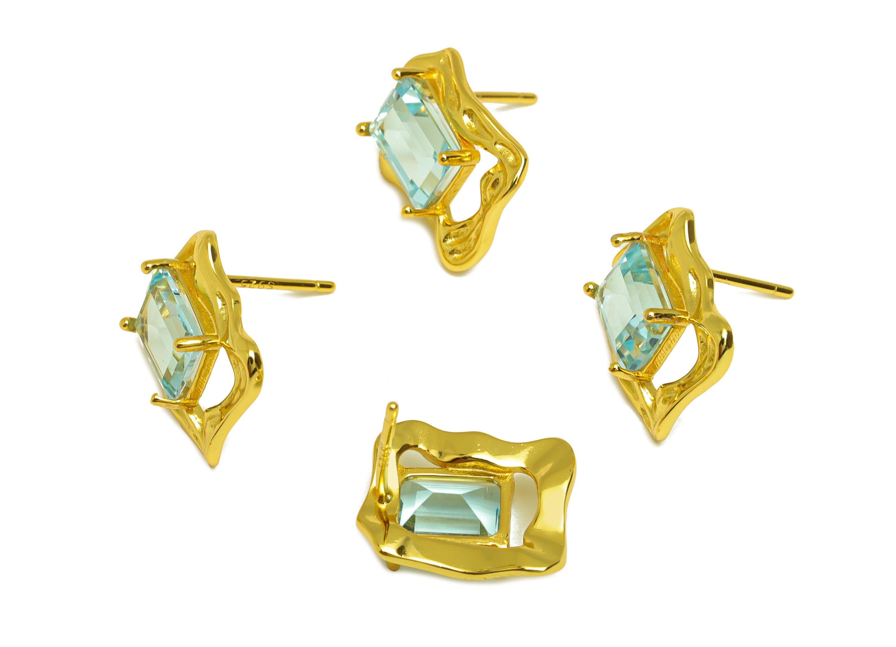 Topaz Earring Stud - Topaz Rectangle Earring Post - 925 Silver Frame Vintage Earring Post - 18K Real Gold Plating Silver - 13x11x1mm-RGP7202 - DOMEDBAZAAR