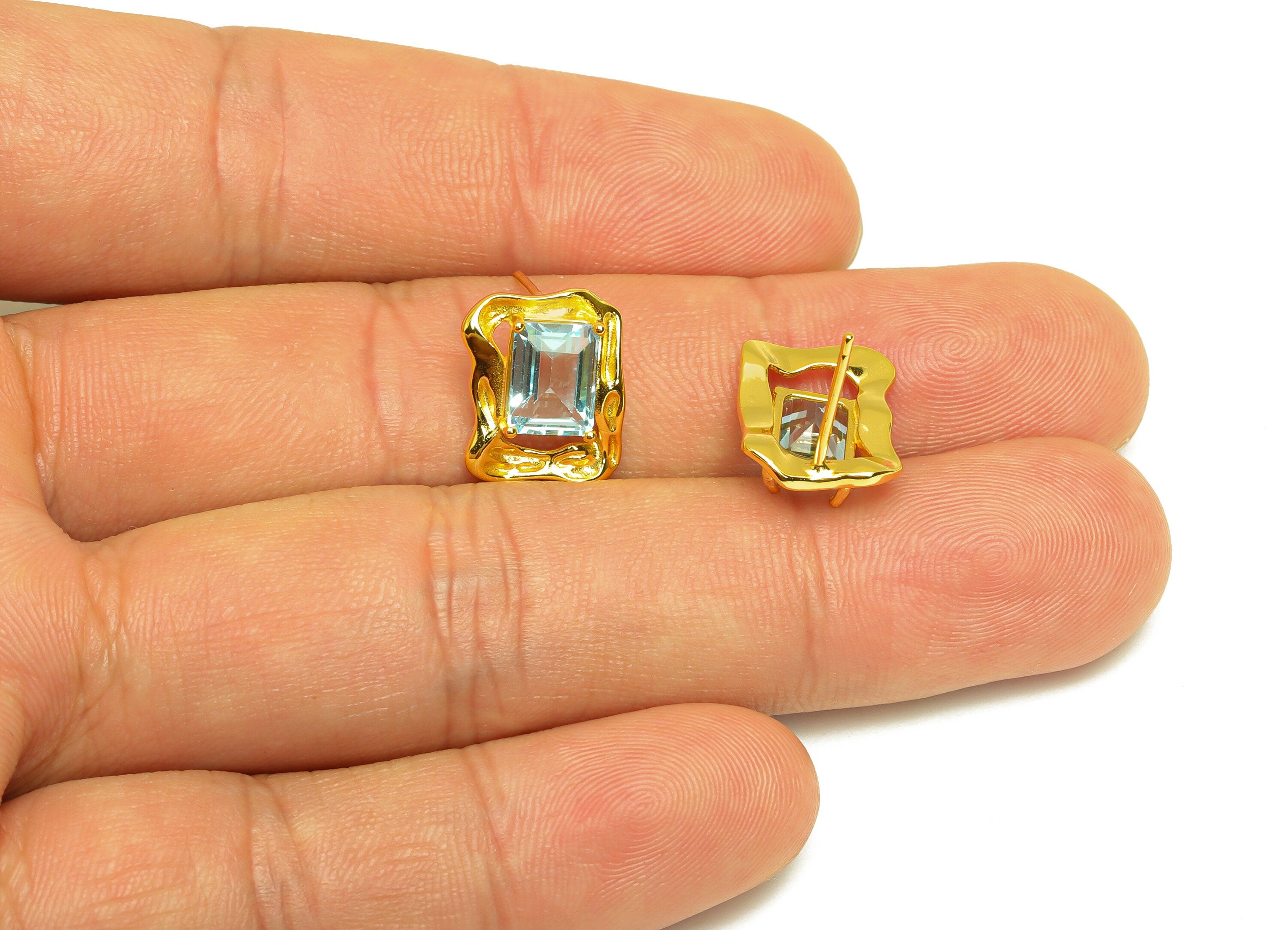 Topaz Earring Stud - Topaz Rectangle Earring Post - 925 Silver Frame Vintage Earring Post - 18K Real Gold Plating Silver - 13x11x1mm-RGP7202 - DOMEDBAZAAR