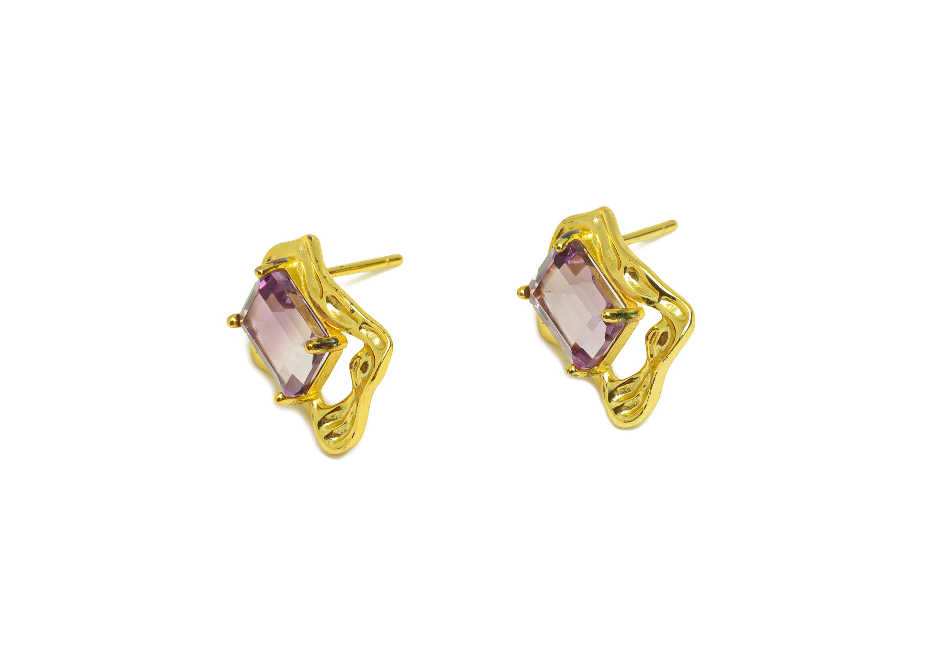 Amethyst Earring Stud - Rectangle Earring Post - 925 Silver Frame Vintage Earring Post - 18K Real Gold Plating Silver - 13x11x1mm - RGP7201 - DOMEDBAZAAR