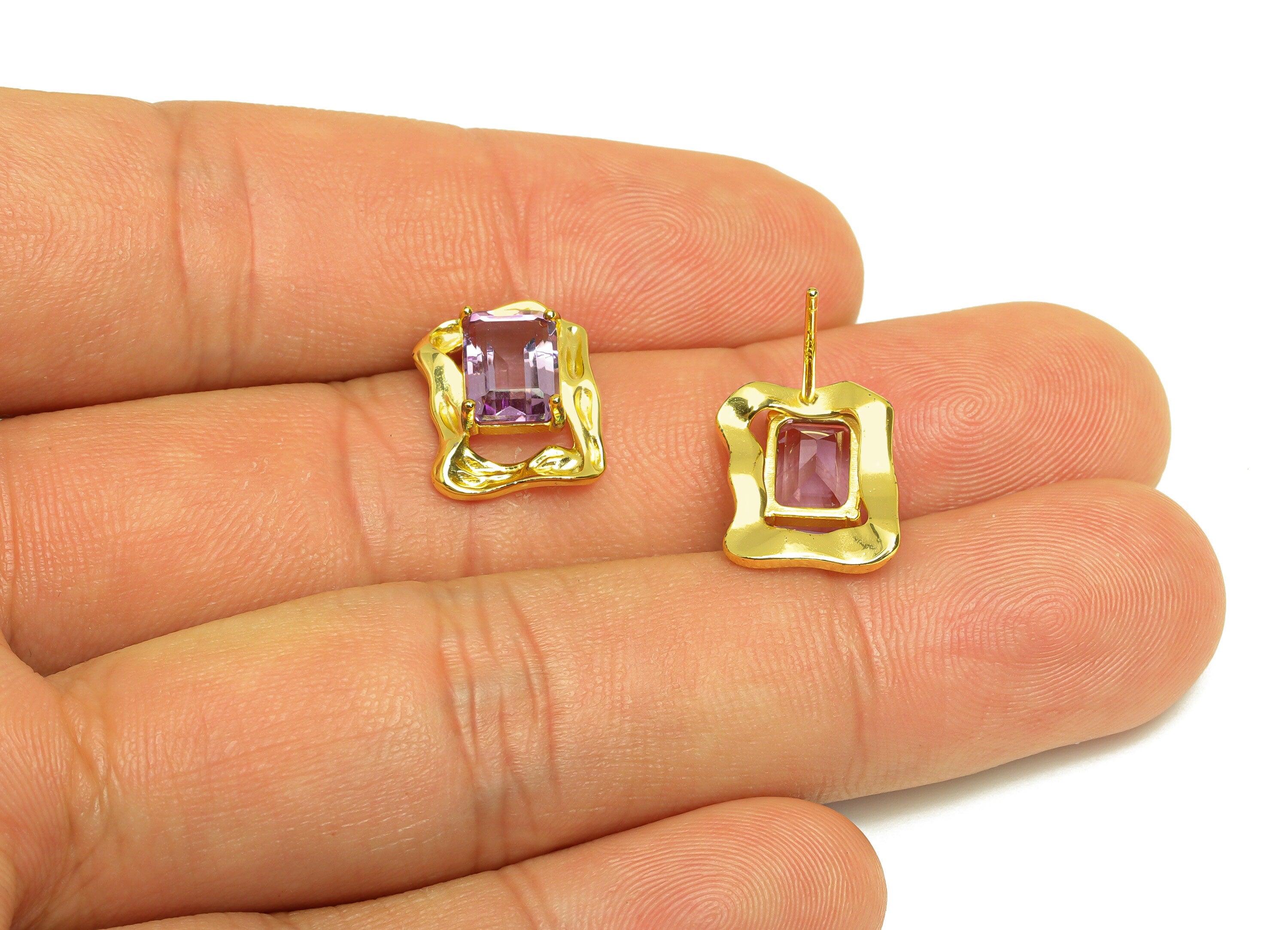 Amethyst Earring Stud - Rectangle Earring Post - 925 Silver Frame Vintage Earring Post - 18K Real Gold Plating Silver - 13x11x1mm - RGP7201 - DOMEDBAZAAR