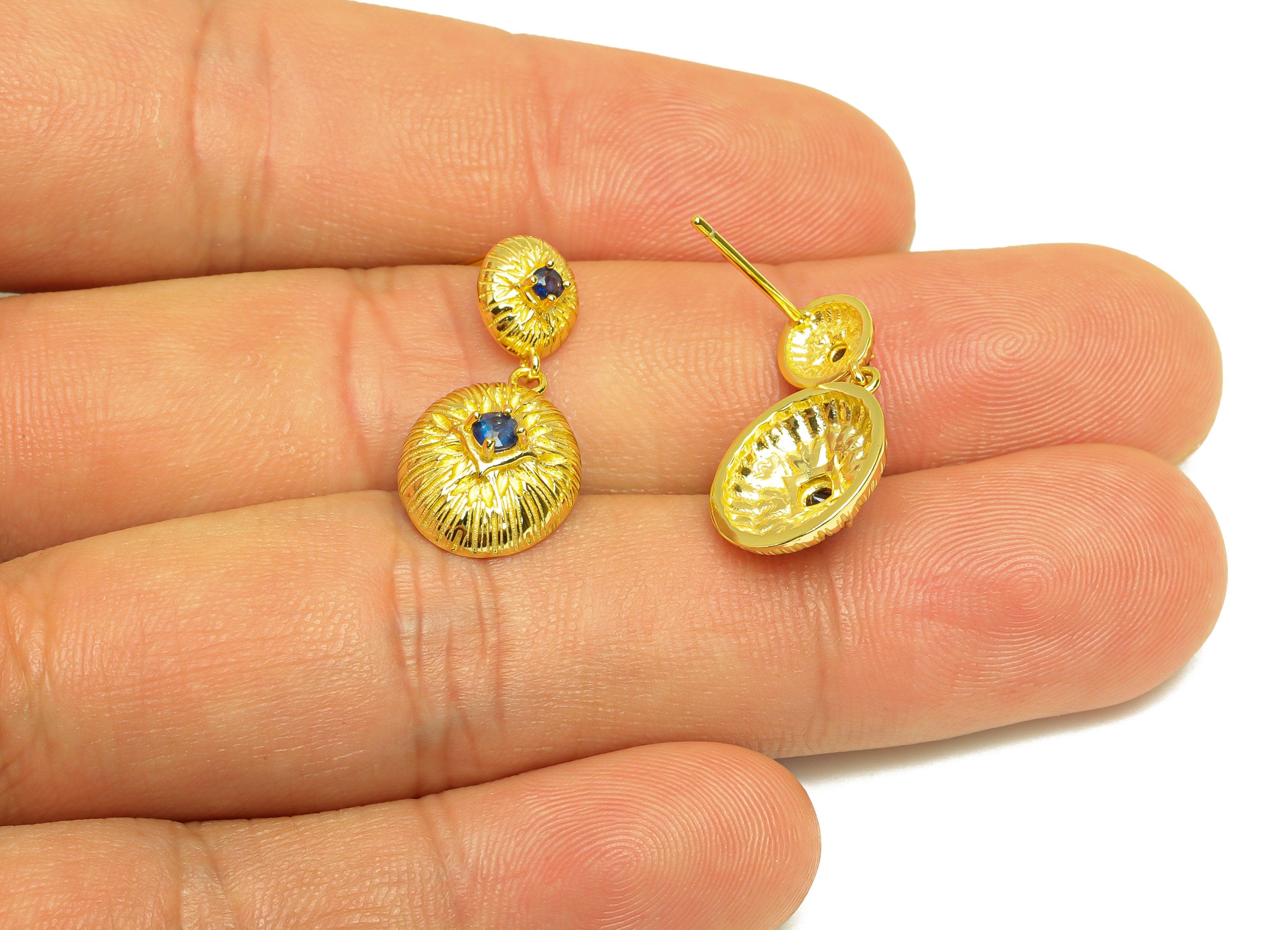 Saphire Earring Stud - Saphire Oval Earring Post - 925 Silver Dangle Earring Post - 18K Real Gold Plating Silver - 23x11.22x0.8mm - RGP7217 - DOMEDBAZAAR