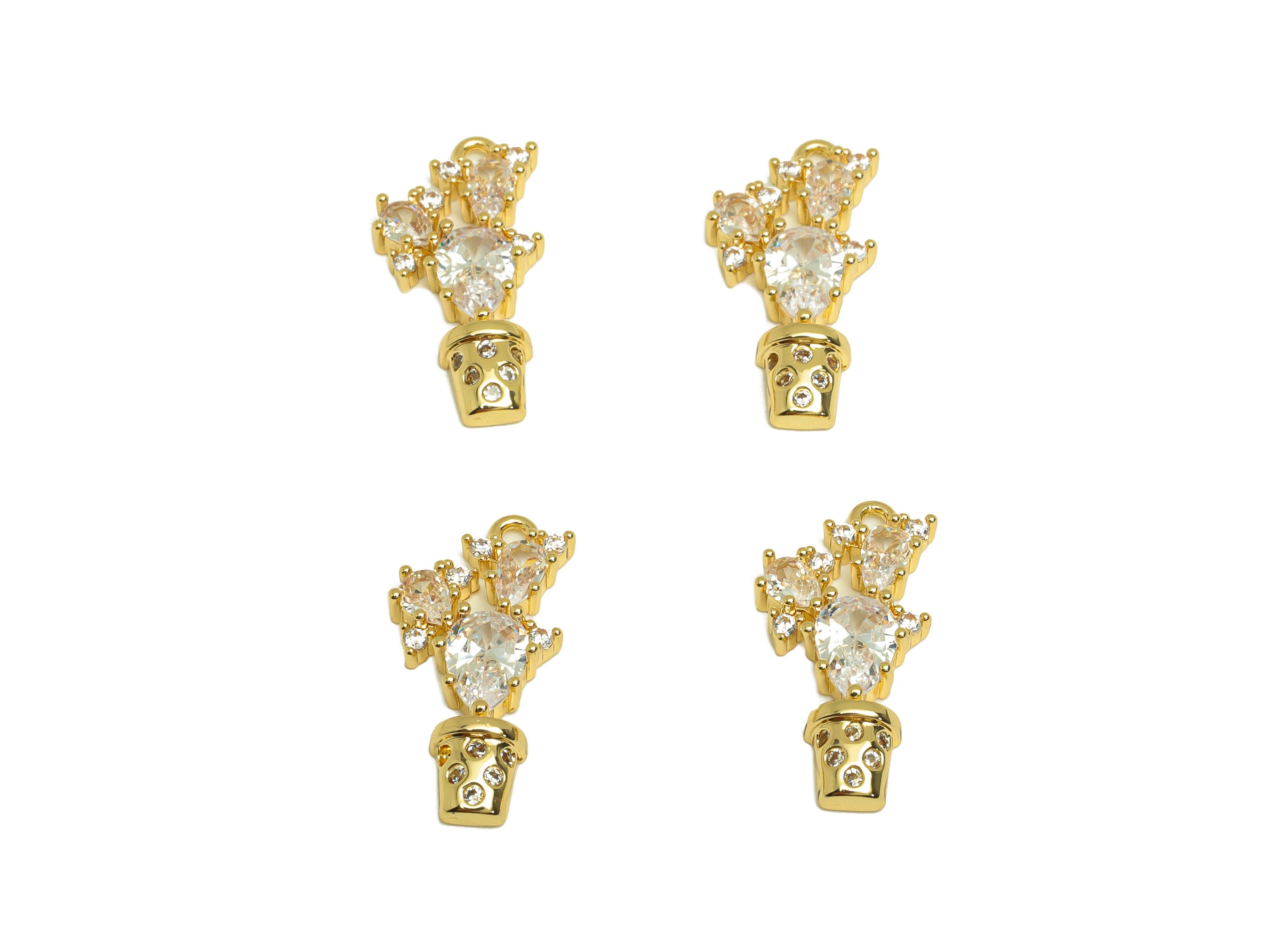 Brass Potted Plants Earring Charm - Brass Zircon Earring Charm - Brass Teardrop Earring Charm - 18K Real Gold Plating - 21x10x3mm - RGP6891 - DOMEDBAZAAR