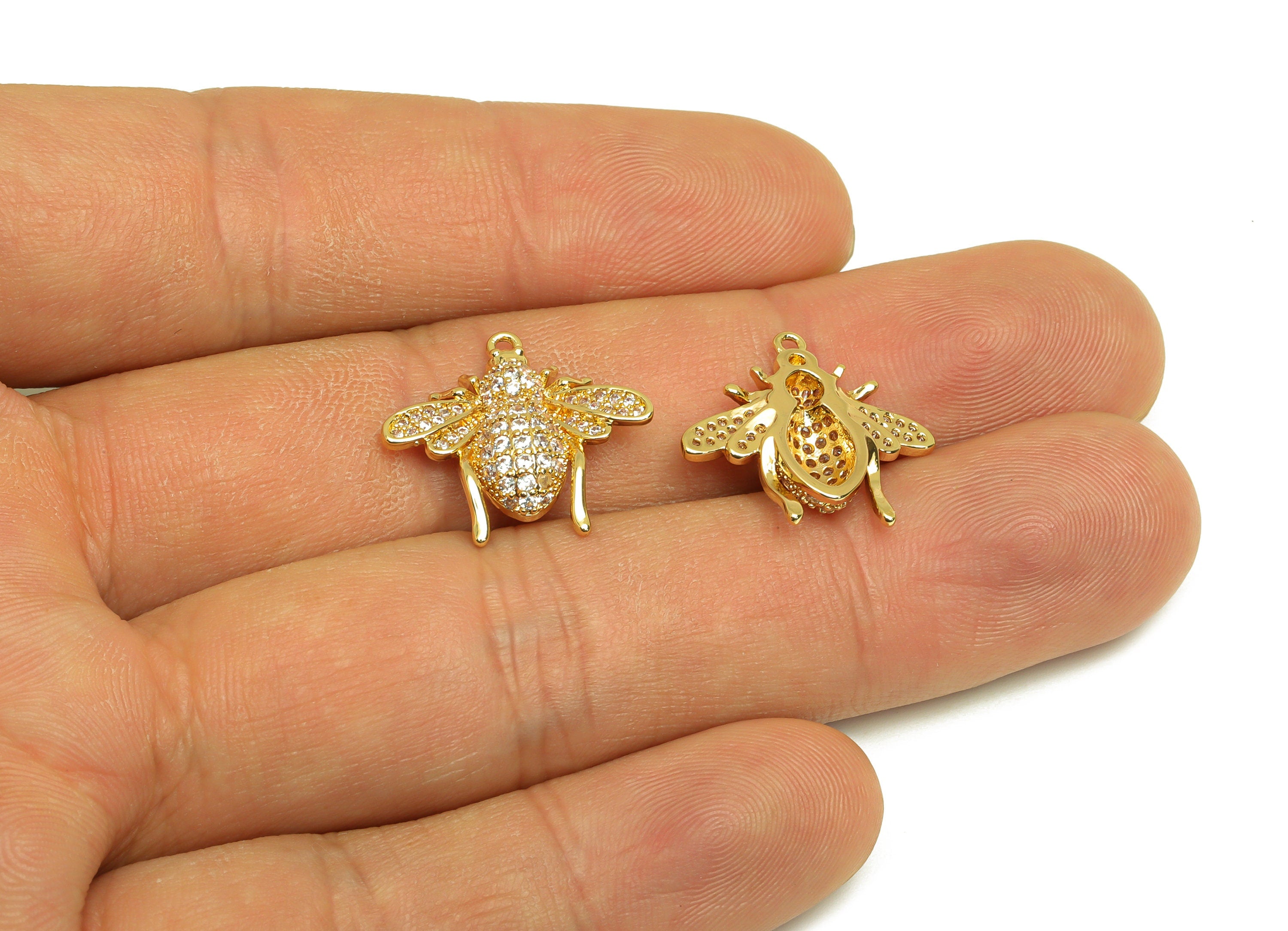 Brass Bee Earring Charm - Brass Cubic Zircon Earring Charm - Brass Inset Earring Charm - 18K Real Gold Plating - 17.1x18.8x4.13mm - RGP6885 - DOMEDBAZAAR