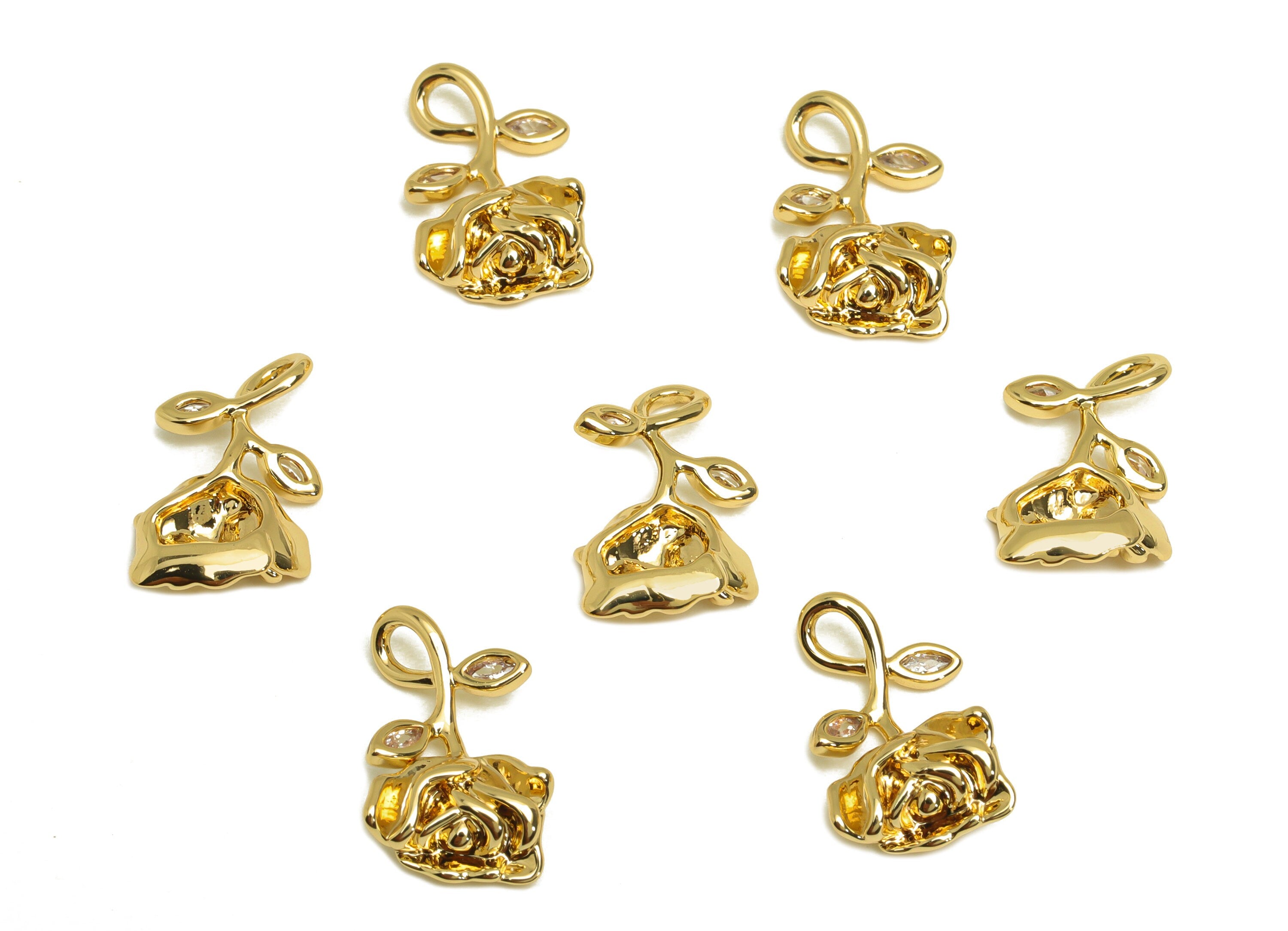 Brass Rose Earring Charm - Brass Cubic Zircon Earring Charm - Brass Flower Earring Charm - 18K Real Gold Plating - 17.23x9.85x3mm - RGP6843 - DOMEDBAZAAR
