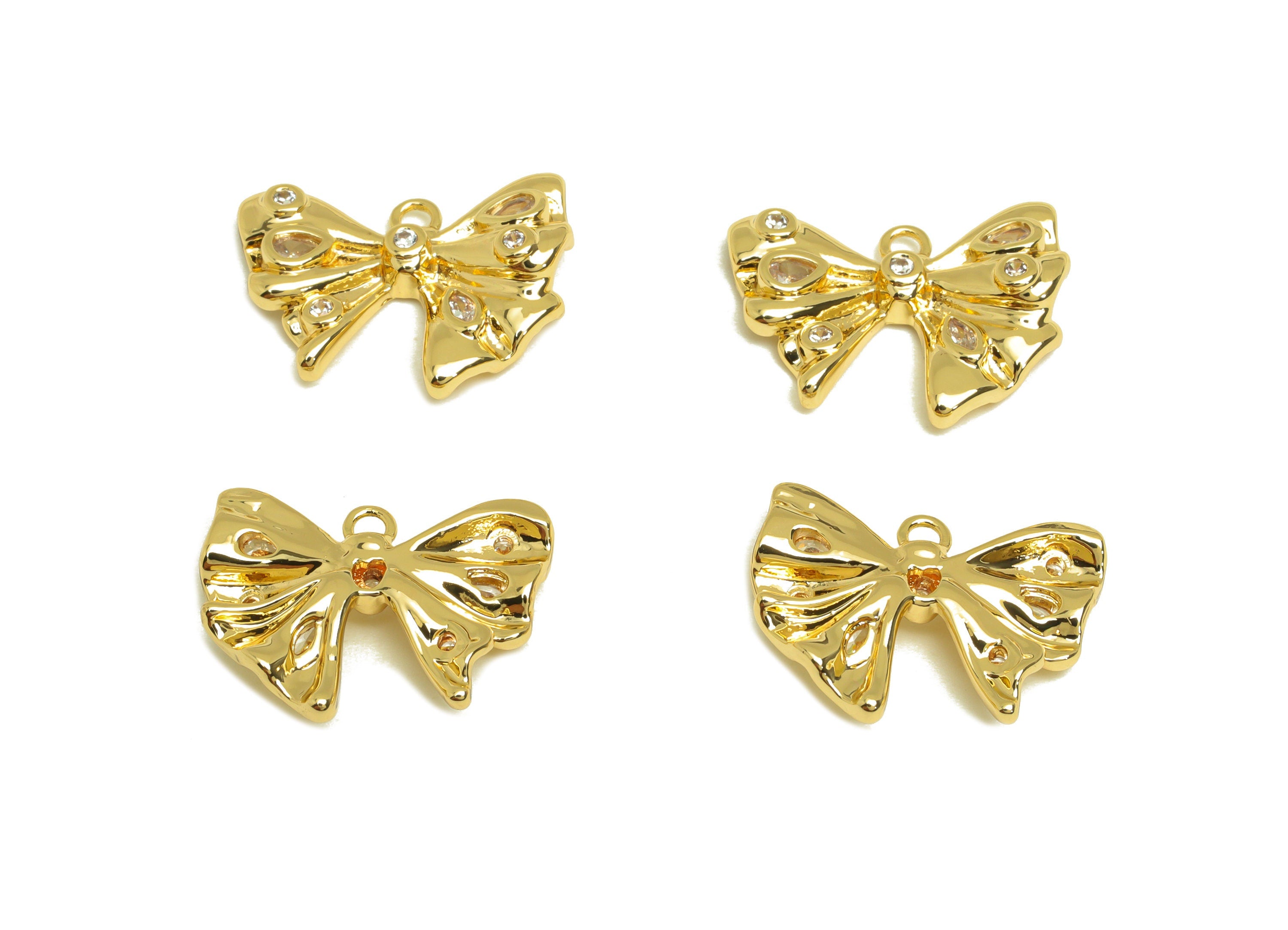 Brass Bow Earring Charm - Brass Cubic Zircon Earring Charm - Brass Butterfly Bow Earring Charm - 18K Real Gold Plating - 14x18x3mm - RGP6893 - DOMEDBAZAAR