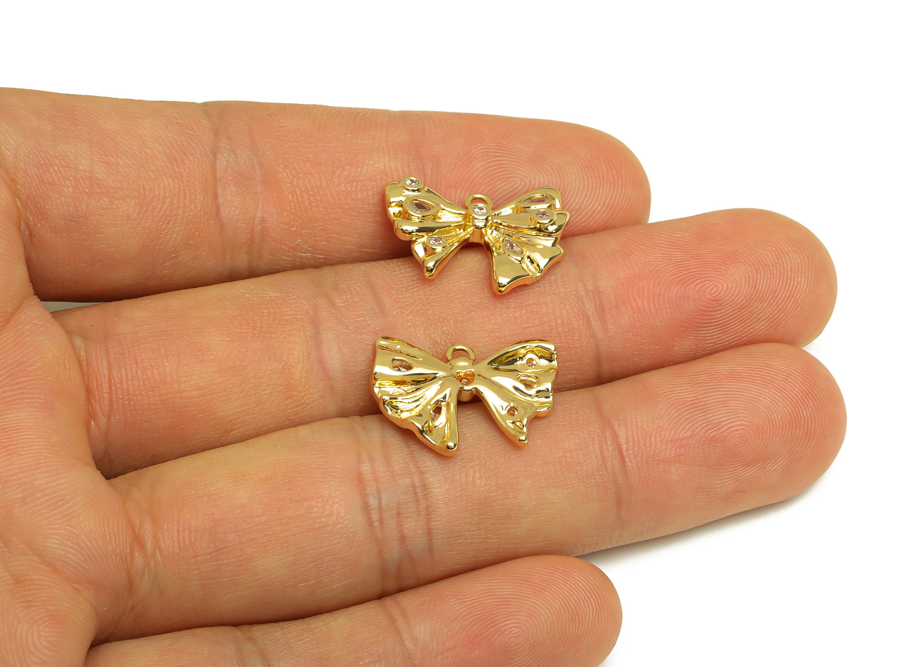 Brass Bow Earring Charm - Brass Cubic Zircon Earring Charm - Brass Butterfly Bow Earring Charm - 18K Real Gold Plating - 14x18x3mm - RGP6893 - DOMEDBAZAAR