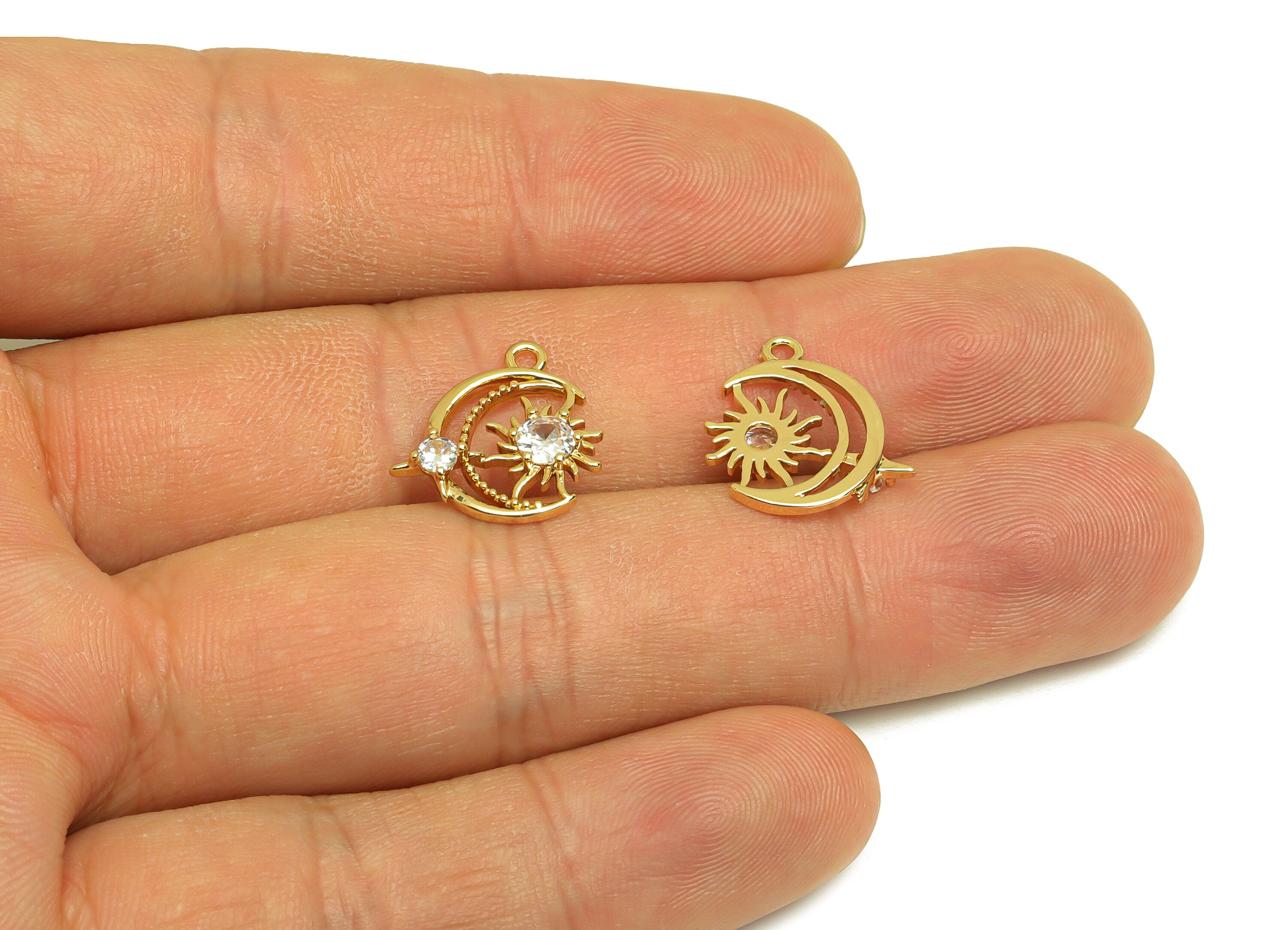 Brass Crescent Earring Charm - Brass Cubic Zircon Earring Charm - Brass Sunshine Earring Charm - 18K Real Gold Plating - 15x15x2mm - RGP6859 - DOMEDBAZAAR